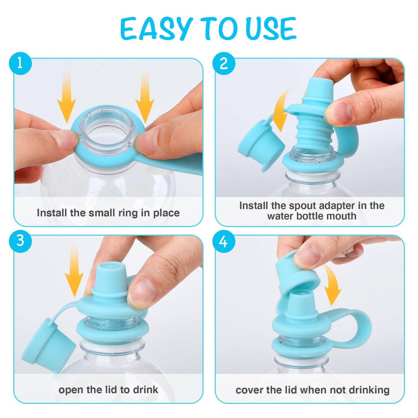 Heureuse - Adaptador de boquilla para botella de agua para Todders, paquete de 4 tapas de botella de agua de silicona sin derrames, adaptado a la mayoría de botellas, diseño a prueba de fugas,