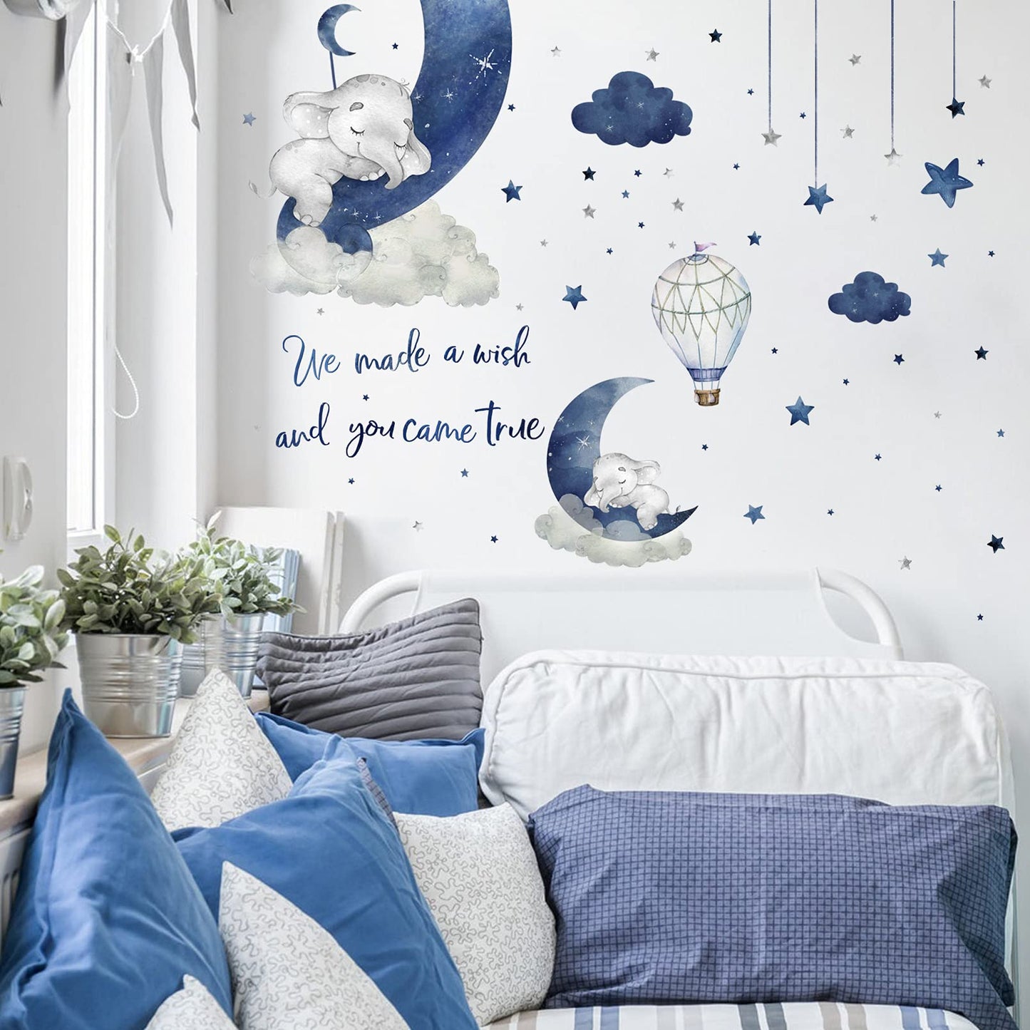 Yovkky - Calcomanías de pared de elefante para dormir, diseño de flores de acuarela azul y gris, diseño de globos de aire caliente, decoración de cuarto de bebé, decoración del hogar, decoración de
