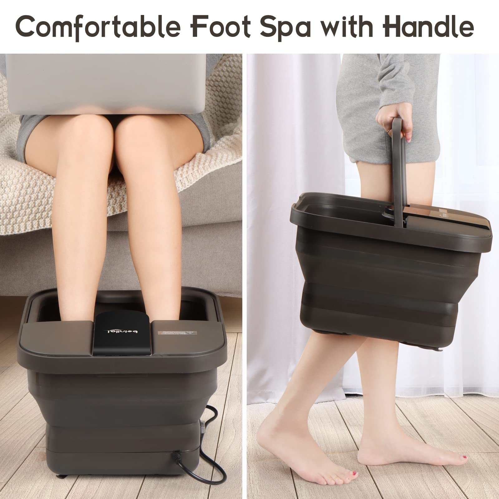 Beinilai Spa de pies plegable Pedicura Spa de pies con masaje de calor y chorros de burbujas Baño de pies con rodillos de 6 pies Puntos de masaje de acupresión Luz roja Piedra pómez extraíble (gris oscuro)