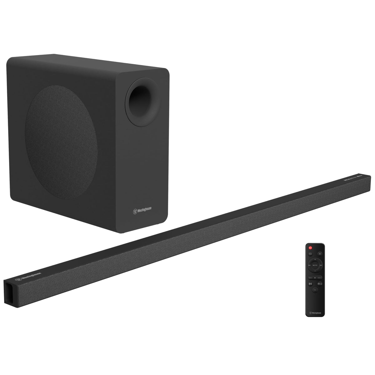 Barra de Sonido Westinghouse Negra 2.1 Canales con Dolby Atmos y Subwoofer Inalámbrico para Smart TV