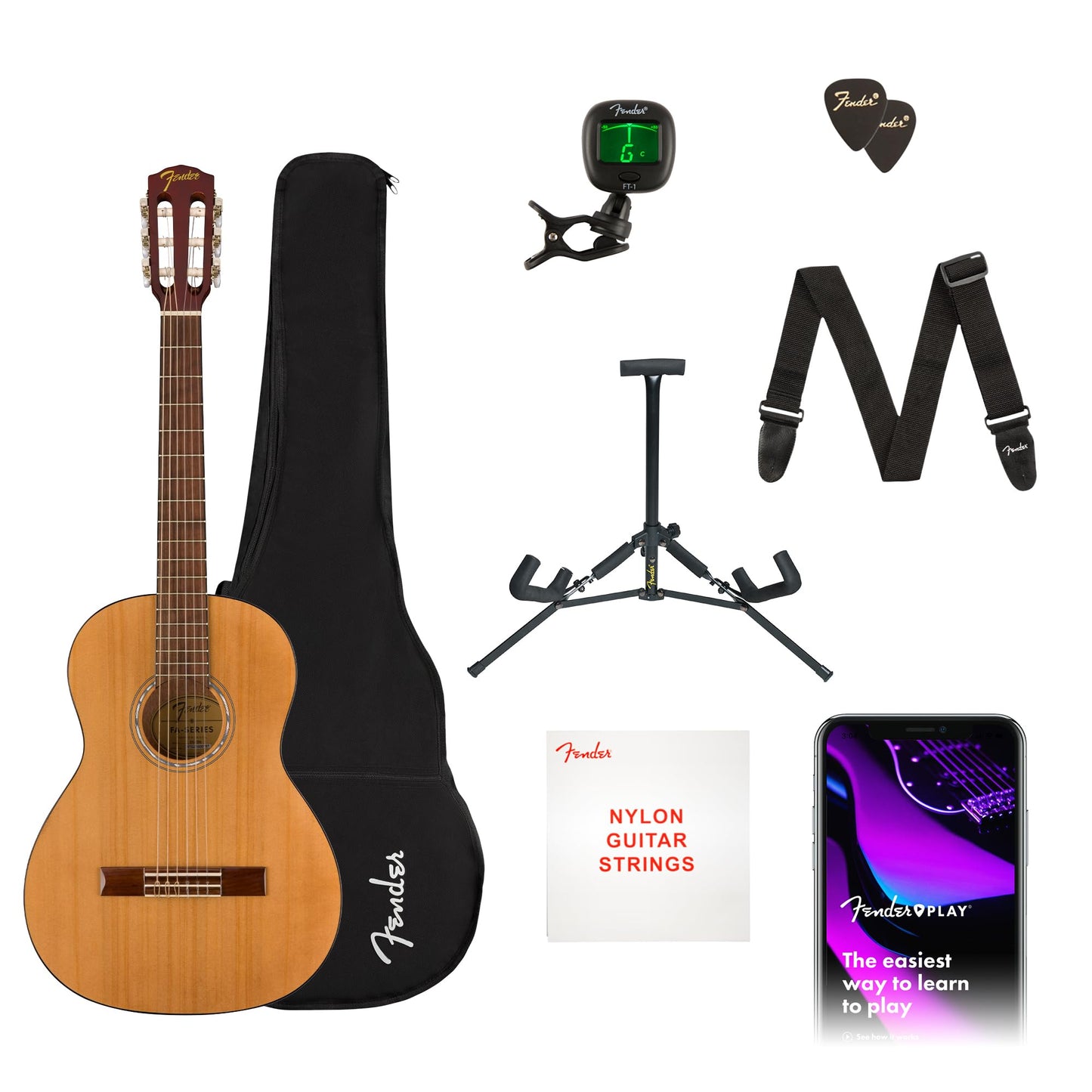 Fender Kit de inicio de guitarra acústica de tamaño 3/4 para principiantes con cuerdas de nailon, bolsa, afinador, correa y garantía de 2 años
