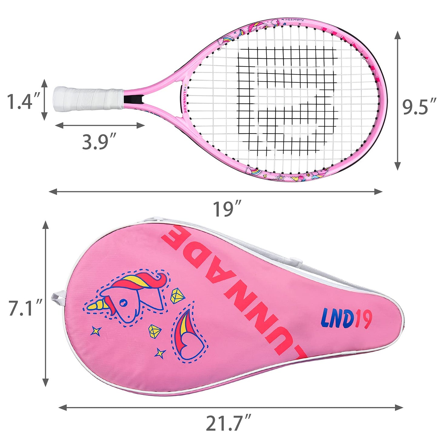 LUNNADE - Raqueta de tenis para niños pequeños, 19/21/23/25 pulgadas con cubierta, adecuada para niños y niñas principiantes de 3 a 12 años