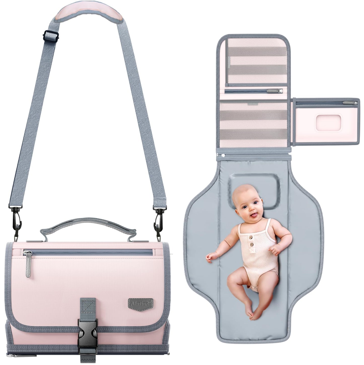 Cambiador portátil de pañales con correa para el hombro, cambiador de viaje desmontable con bolsillo para toallitas para bebé, regalos para baby shower, niñas recién nacidas y niños (rosa)