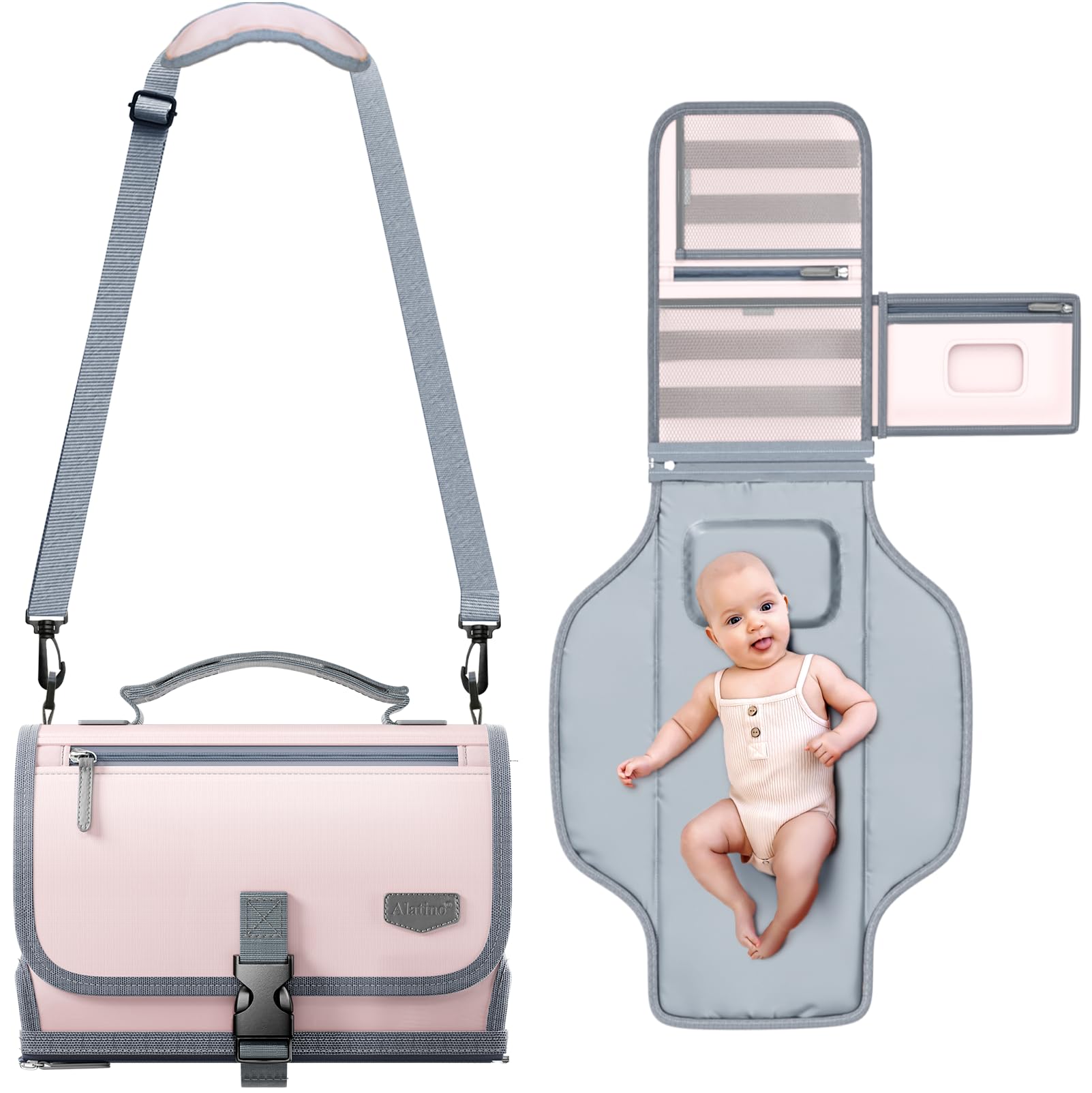 Cambiador portátil de pañales con correa para el hombro, cambiador de viaje desmontable con bolsillo para toallitas para bebé, regalos para baby shower, niñas recién nacidas y niños (rosa)