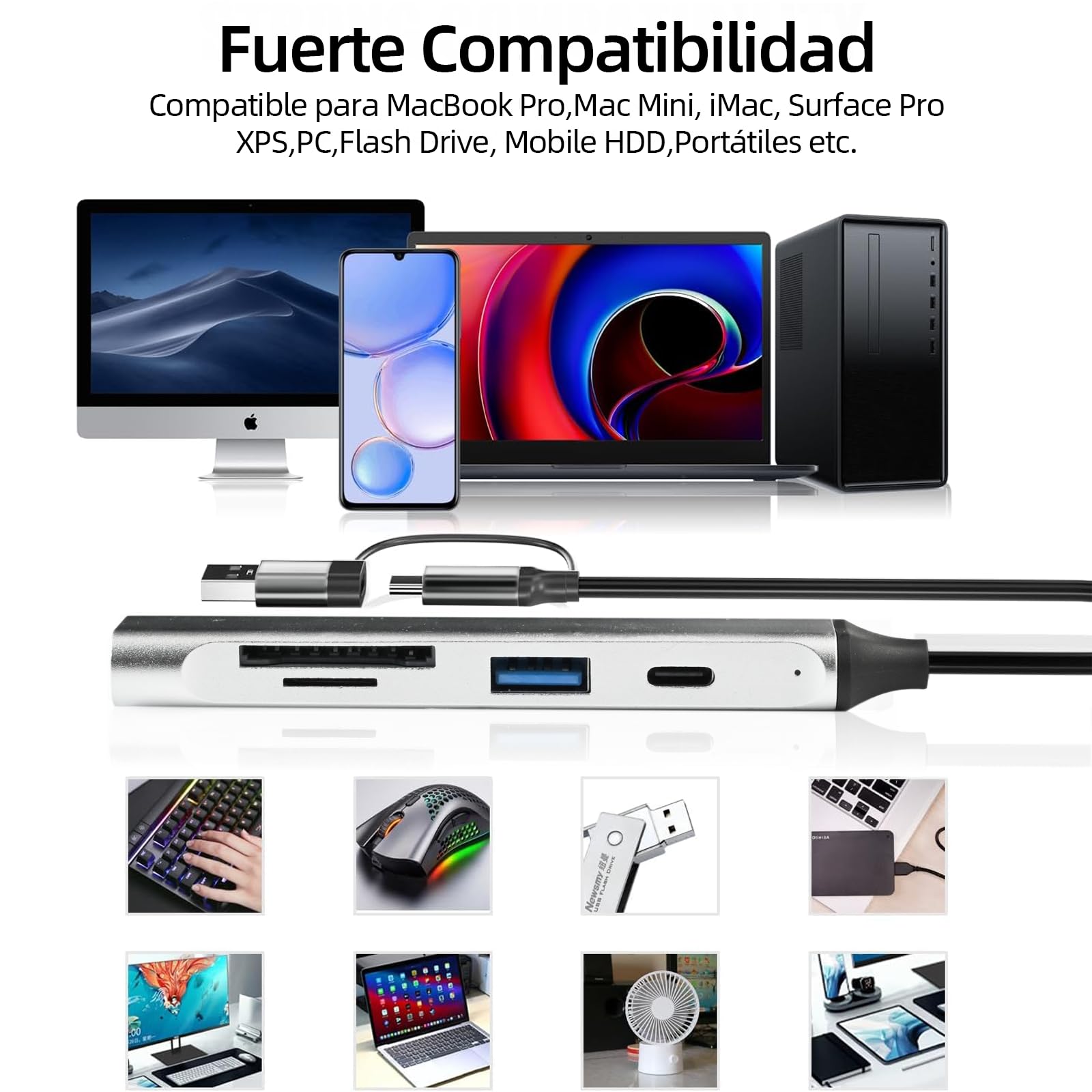 JUGLUTE USB C Hub, 5 en 1 Adaptador USB C Multipuerto Aluminio a Tarjetas SD/MicroSD, USB 3.0 y 2.0, PD Carga Compatible Hub USB con MacBook M1 M2 Pro Air iPad iPhone 16 Galaxy S24