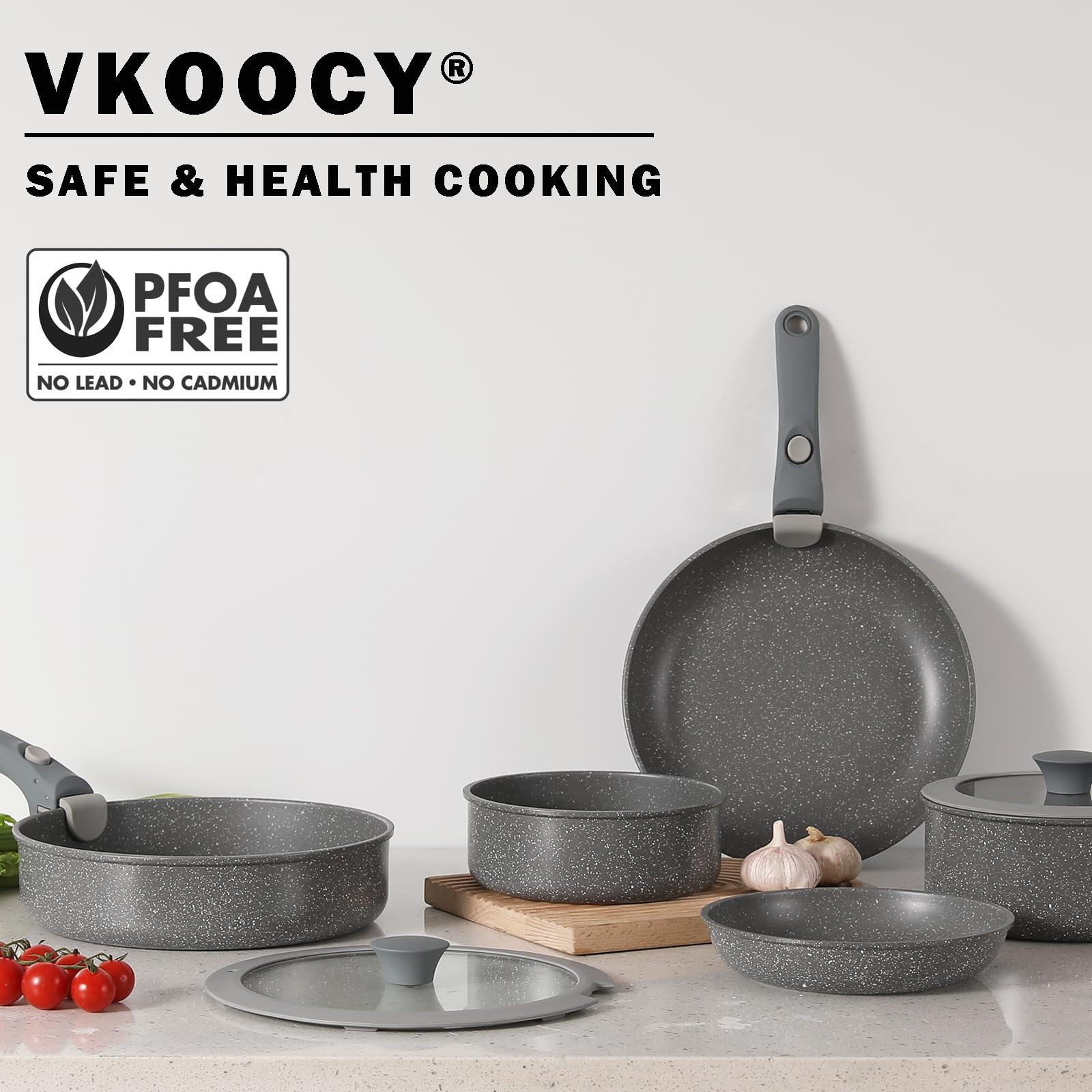 Juego de Ollas y Sartenes Vkoocy Gris Antiadherente con Mango Desmontable para Inducción y Camping