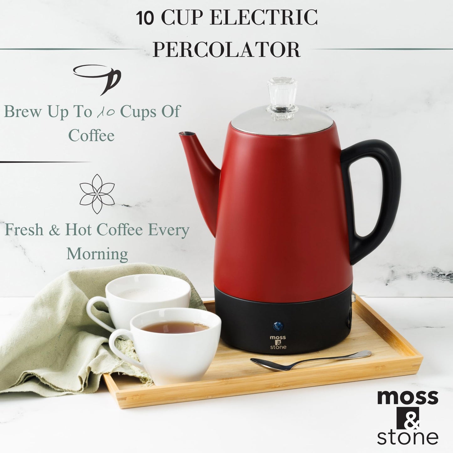 Cafetera eléctrica Moss & Stone, cuerpo rojo con tapa de acero inoxidable, cafetera eléctrica, cafetera de camping roja de 10 tazas