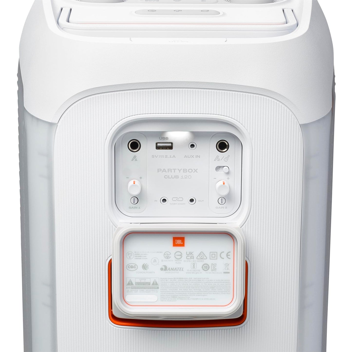 JBL Partybox Club 120 Bocina Portátil Efecto Luz LED, Bluetooth, 160W de Potencia, Reproducción 12 Horas, Resistente al Agua IPX4 - Blanco