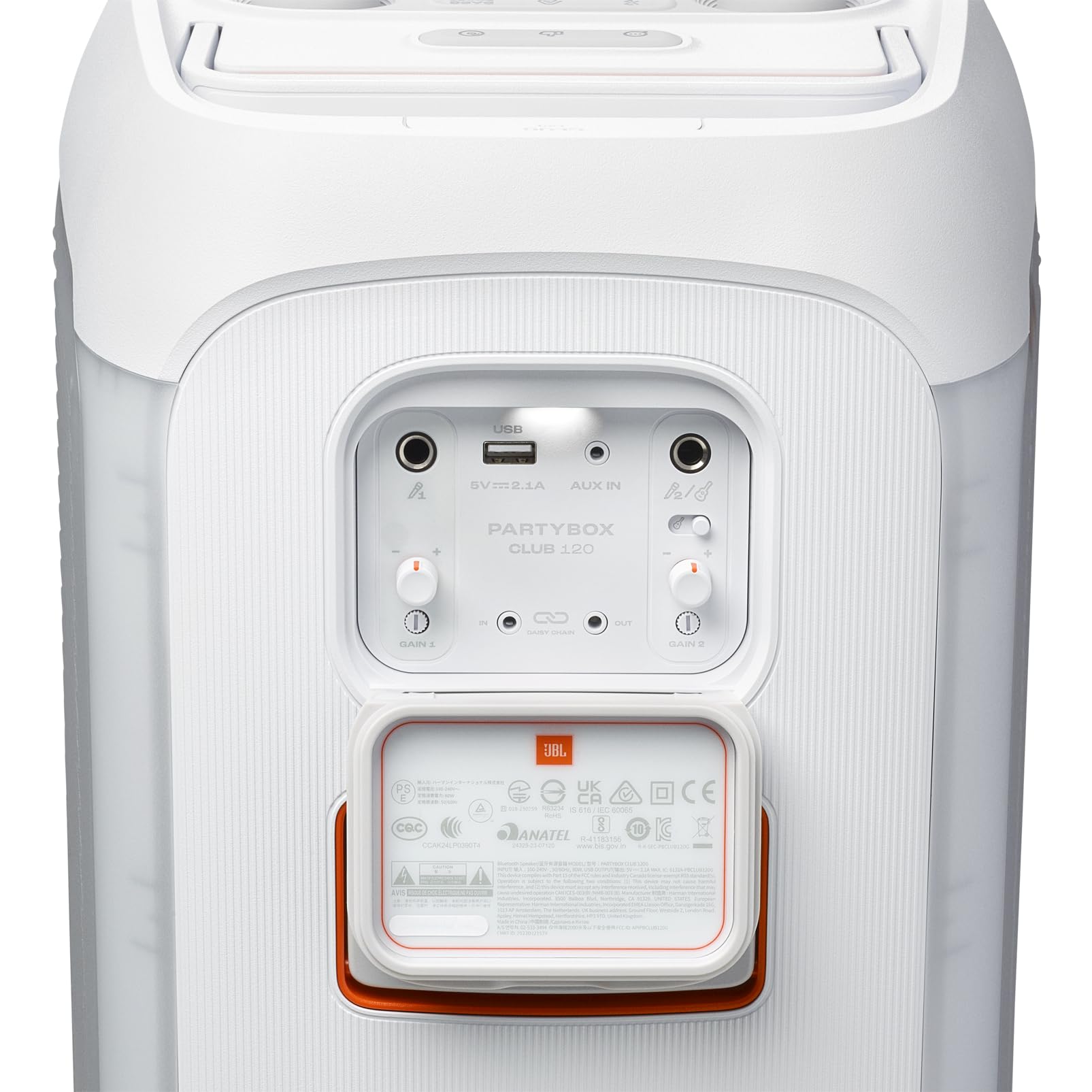 JBL Partybox Club 120 Bocina Portátil Efecto Luz LED, Bluetooth, 160W de Potencia, Reproducción 12 Horas, Resistente al Agua IPX4 - Blanco
