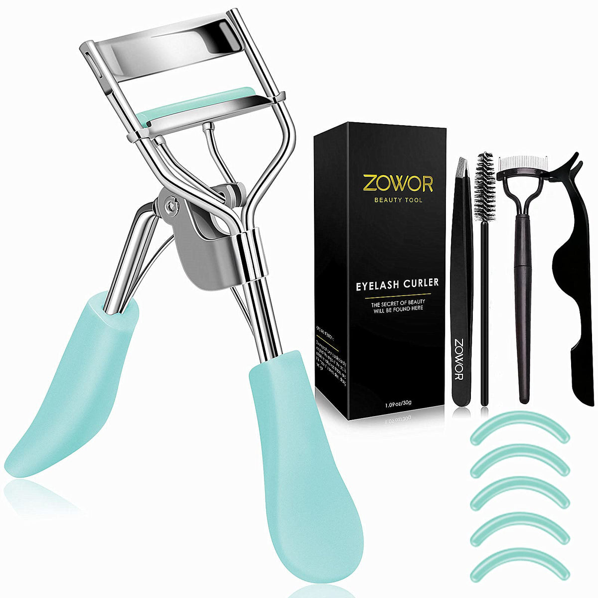 Zowor Rizador de pestañas con peine y cepillo, se adapta a todas las formas de ojos curvados con 5 almohadillas de repuesto de silicona, rizador de pestañas natural y de larga duración para mujeres, regalo de maquillaje (azul)