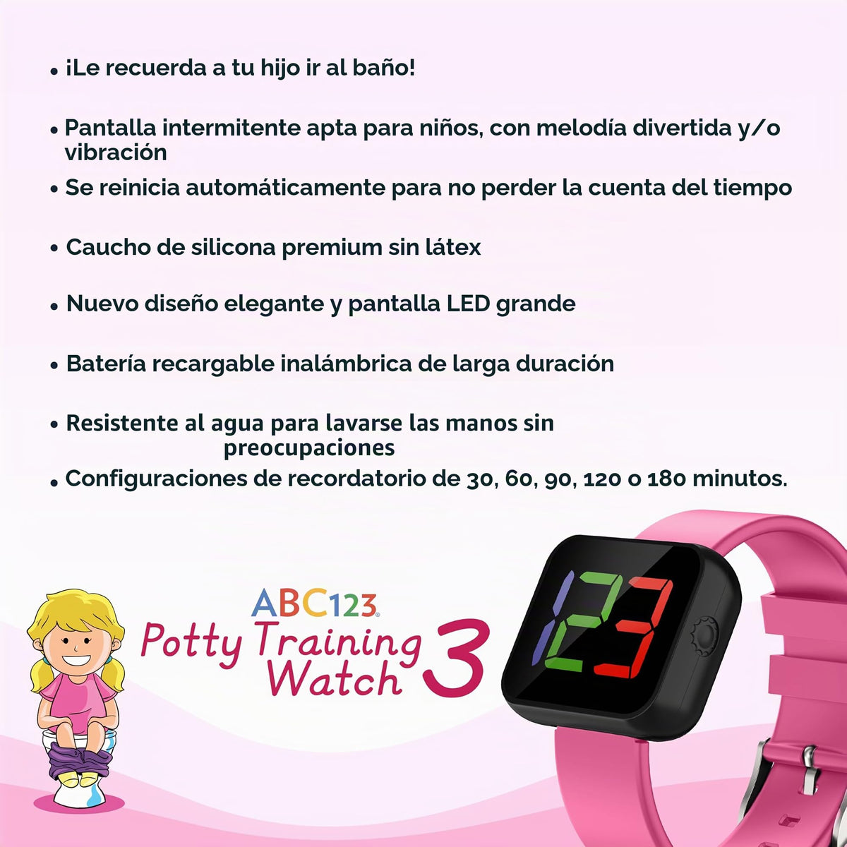 ABC123 Reloj de entrenamiento para ir al baño 3 (edición 2023) – Recordatorio de bebé Temporizador resistente al agua para entrenamiento de inodoro, niños y niños pequeños con carga inalámbrica (rosa)