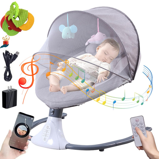 Columpio eléctrico para bebé, mecedora portátil para bebé, mecedora de interior con mando a distancia y bluetooth, 12 canciones de cuna, 4 velocidades de balanceo, arnés de 3 puntos (Gris pálido)