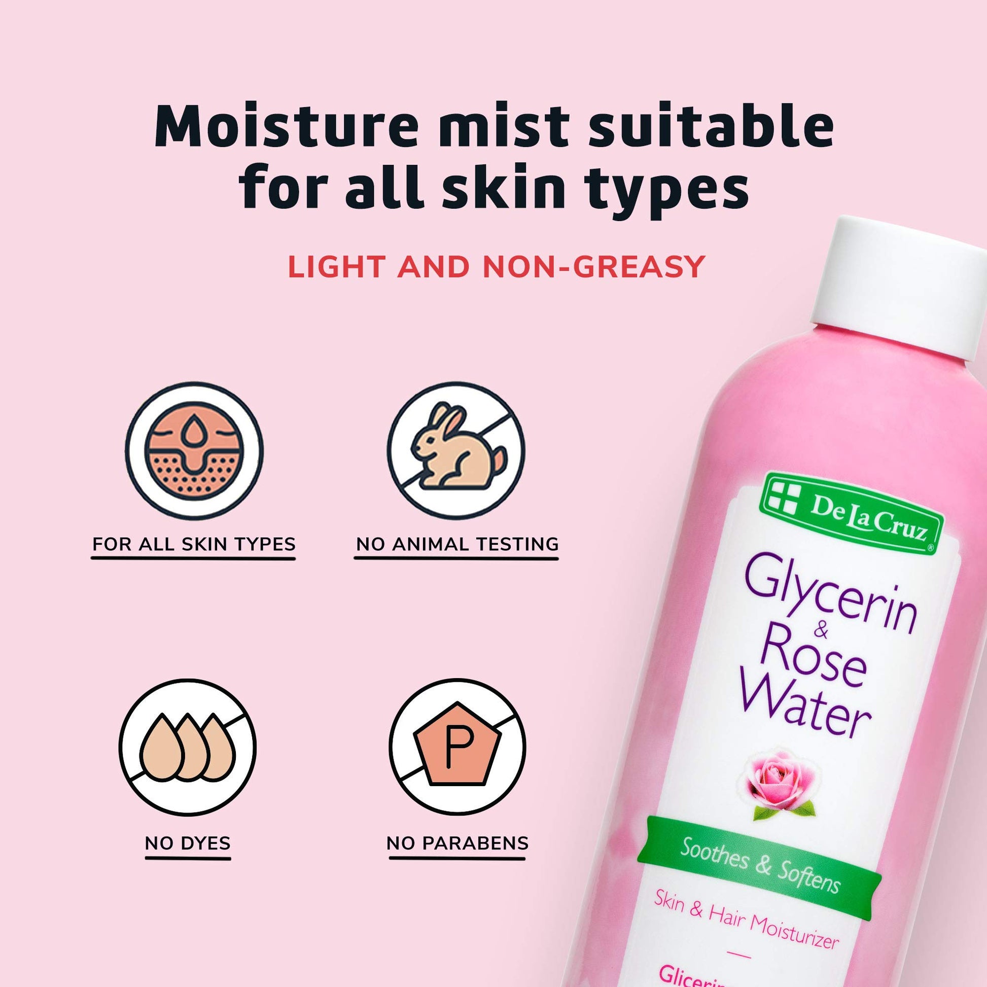 De La Cruz Glycerin and Rose Water, No Parabens or Artificial Colors, Made in USA 8 FL. OZ.