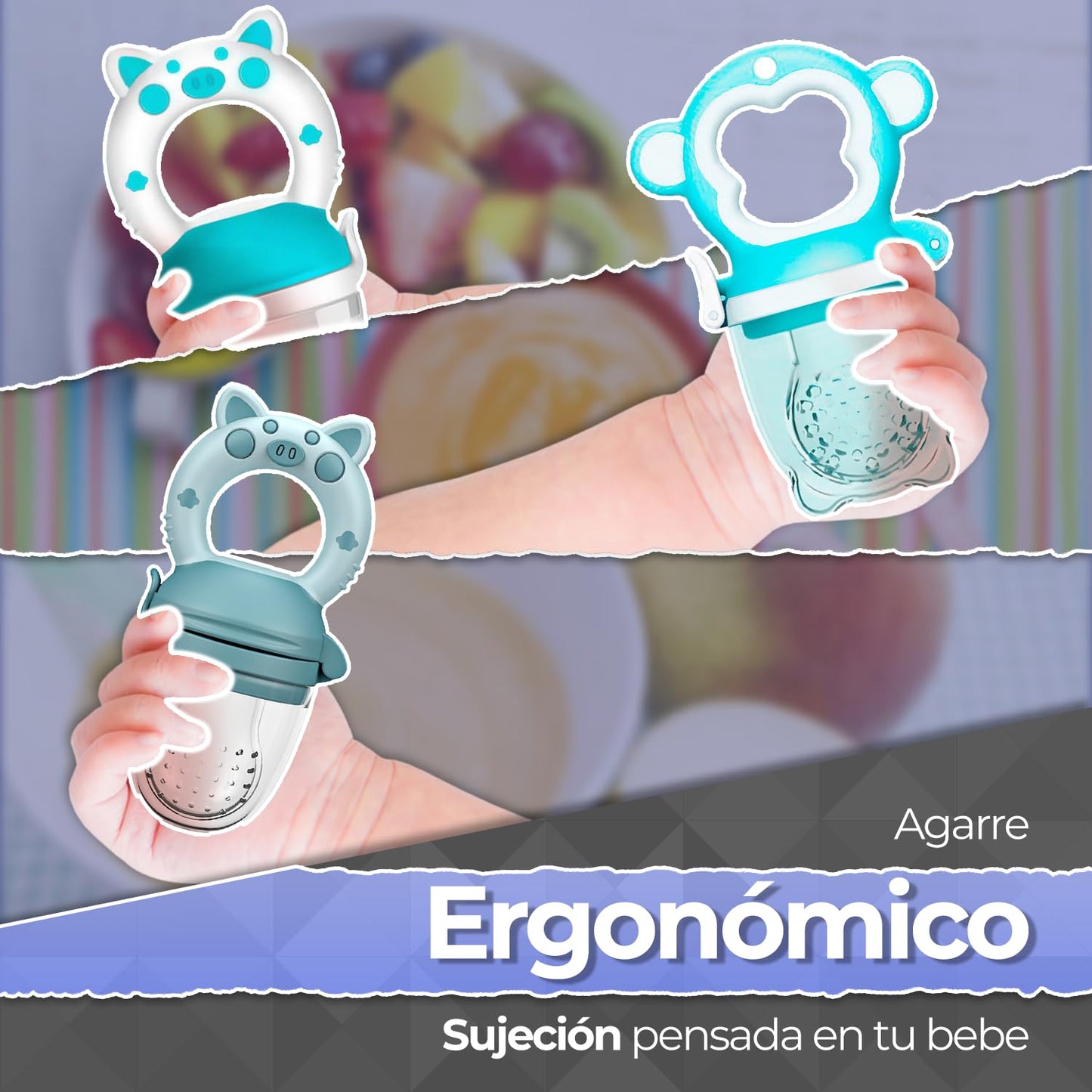 Chupones alimentadores para frutas y papillas con tapa libre de bpa, dibujos animados, 4m+ 3 piezas (pig azul / pig blanco azul / monkey azul)