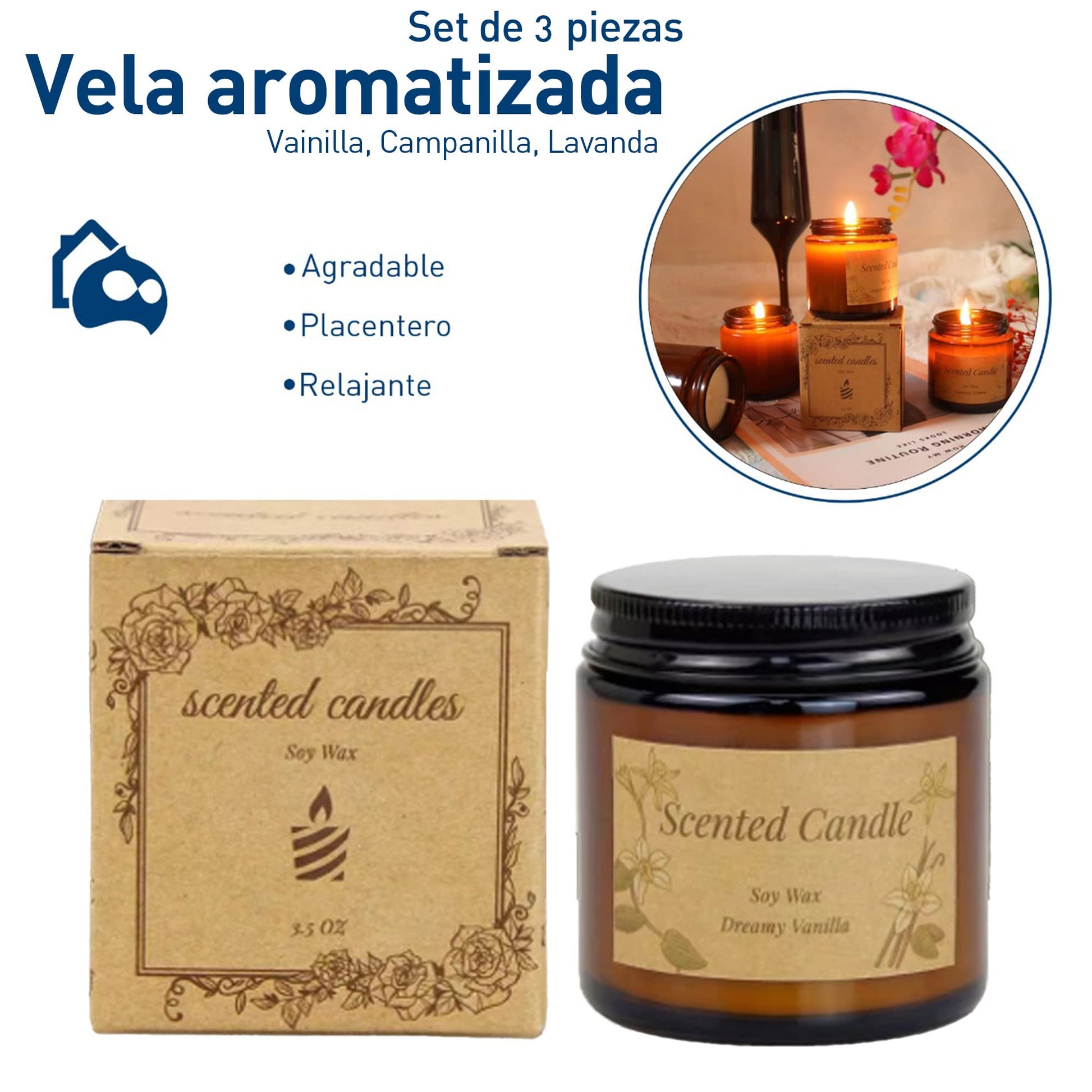 Set de Velas Aromáticas Bluelander Vainilla, Campanilla y Lavanda 100% Cera de Soya Decorativas (3 Piezas)