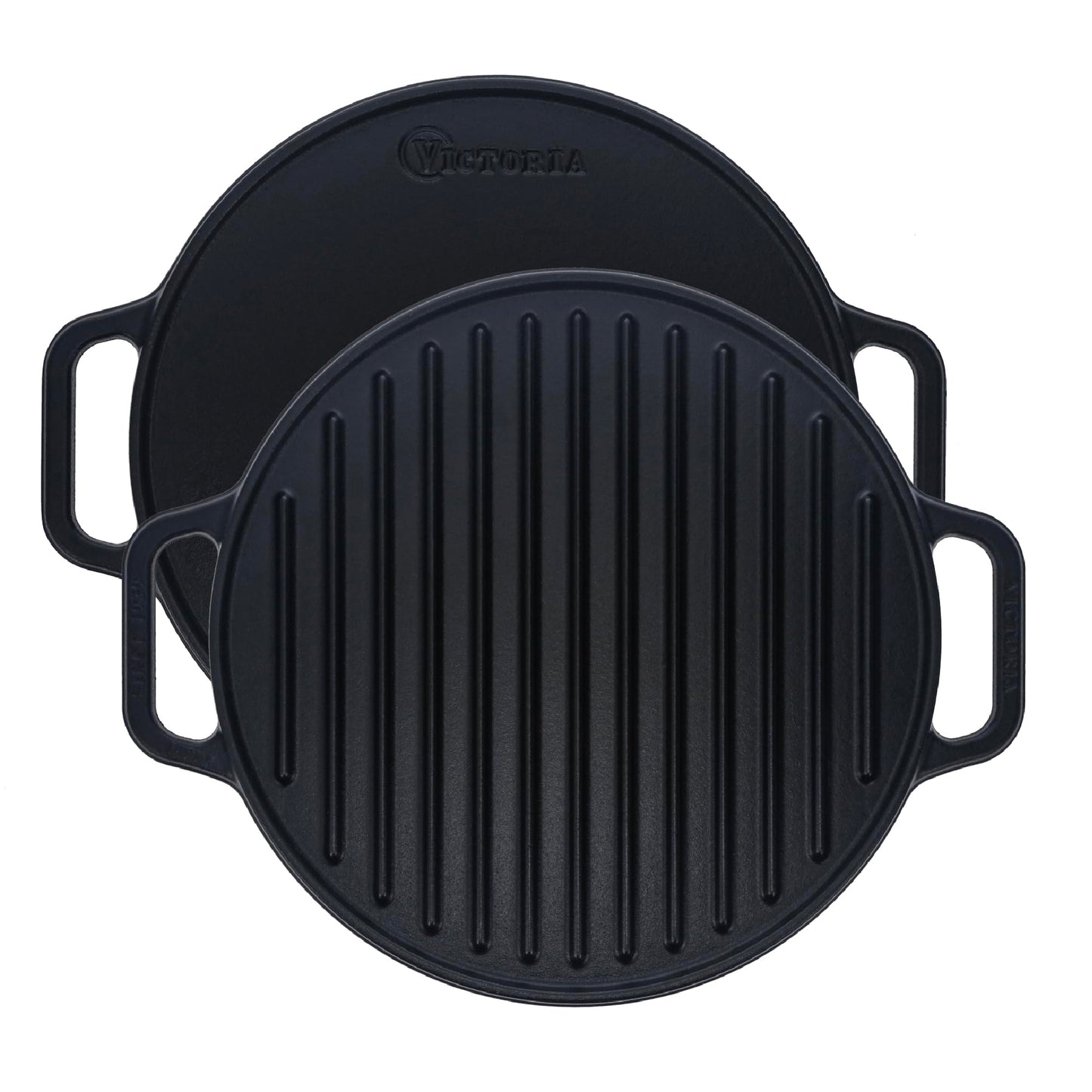 Victoria - Parrilla redonda de hierro fundido. Plancha de doble quemador, con asas de bobina extraíbles sazonadas con aceite de linaza 100% certificado KoBibir sin OMG, 12.5 pulgadas, negro