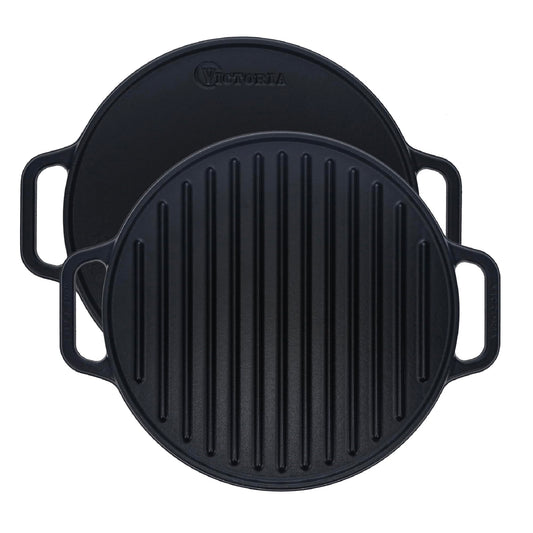 Victoria - Parrilla redonda de hierro fundido. Plancha de doble quemador, con asas de bobina extraíbles sazonadas con aceite de linaza 100% certificado KoBibir sin OMG, 12.5 pulgadas, negro