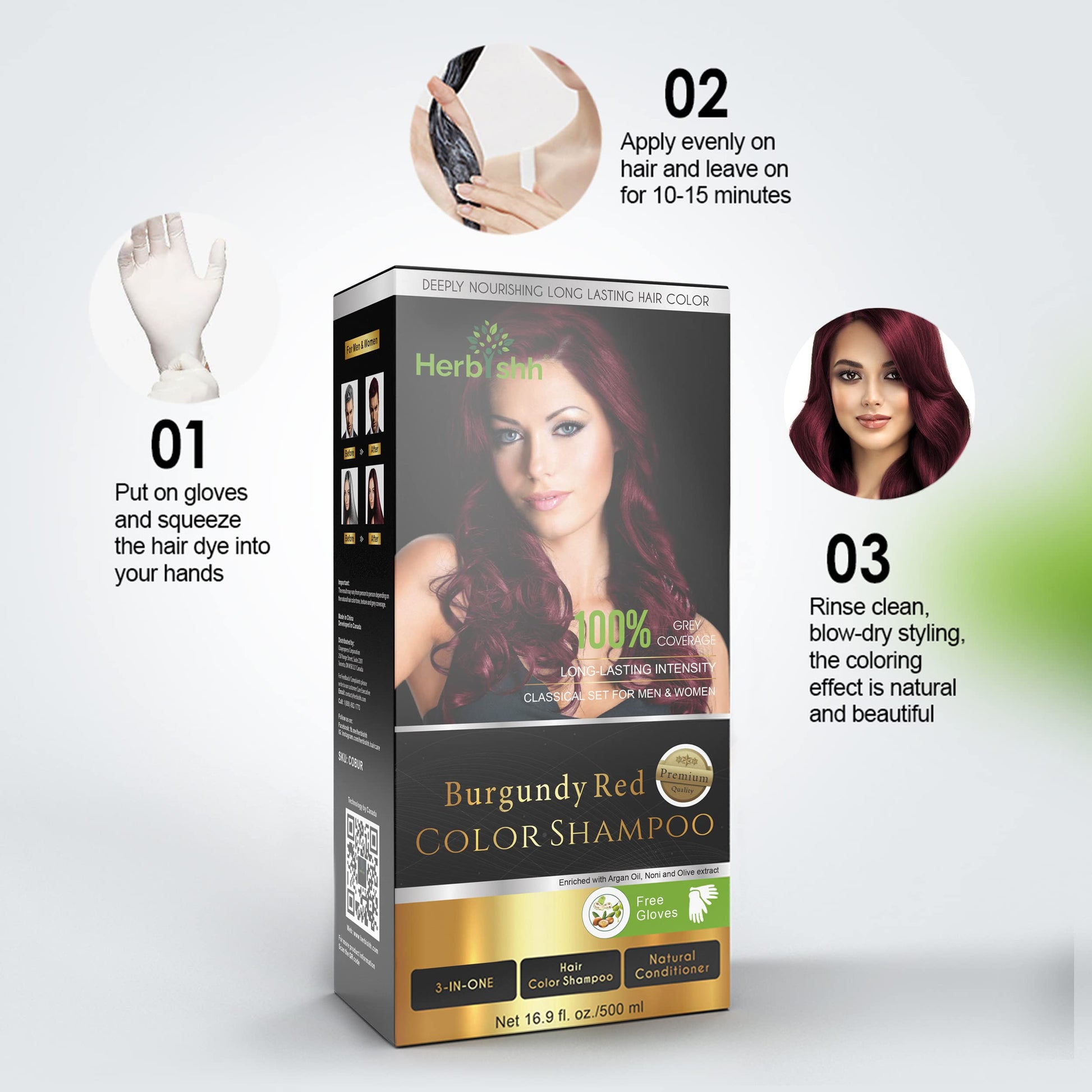 Herbishh - Champú colorante para cabello gris, champú con tinte natural para el cabello, colorea el cabello en minutos, dura hasta de 3 a 4 semanas, 500 ml, tinte de cabello 3 en 1, sin amoniaco | (Borgoña)