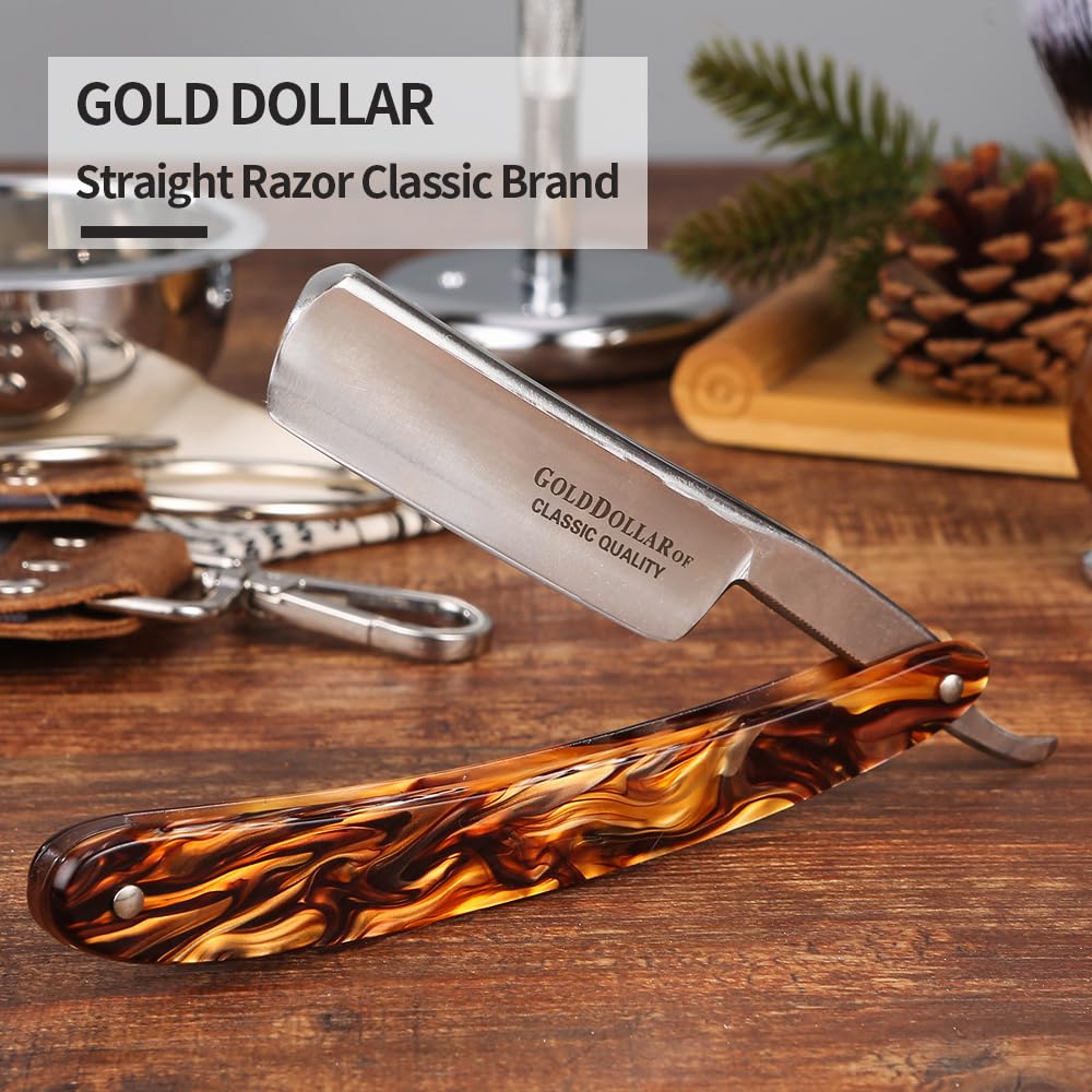 Gold Dollar- Navaja de afeitar retro para hombre con mango acrílico, para barbería, lista para afeitarse, sin raspador estabilizador