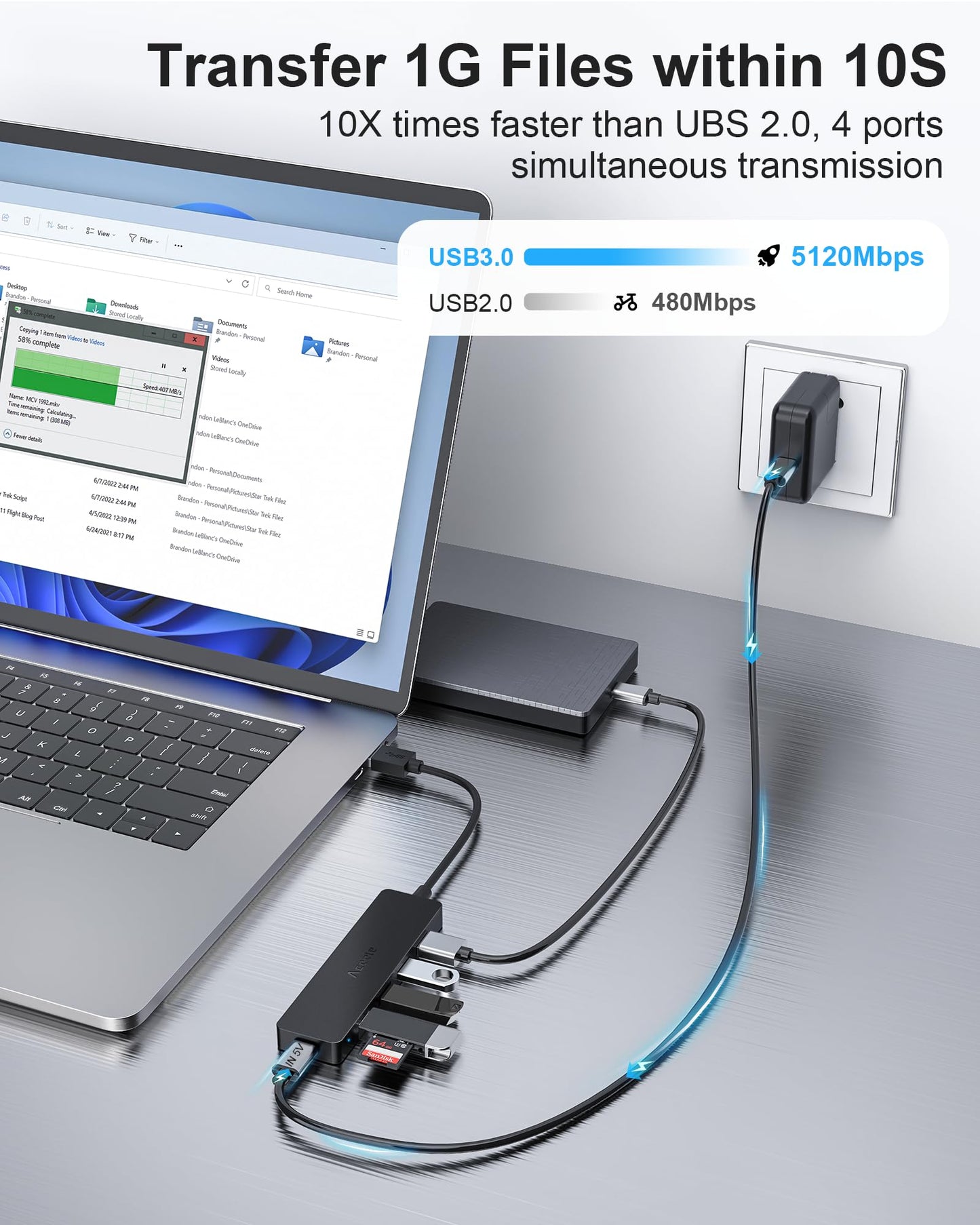 Hub USB Aceele Negro Ultrafino 5 en 1 Multiadaptador para PC, Laptop y Consolas