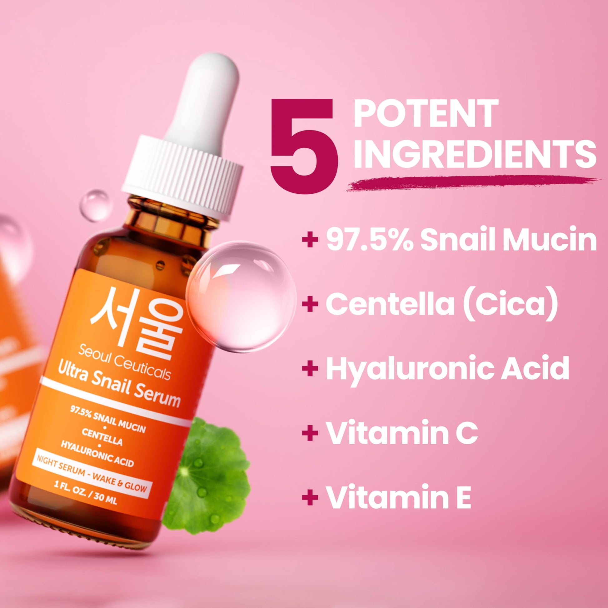 SeoulCeuticals Korean Skin Care Snail Mucin Serum - Korean Beauty Skincare Night Serum for Face - Contains Potent 97.5% K Beauty Snail + Hyaluronic Acid + Centella Asiatica Extremely Effective Anti Wrinkle Serum 1oz