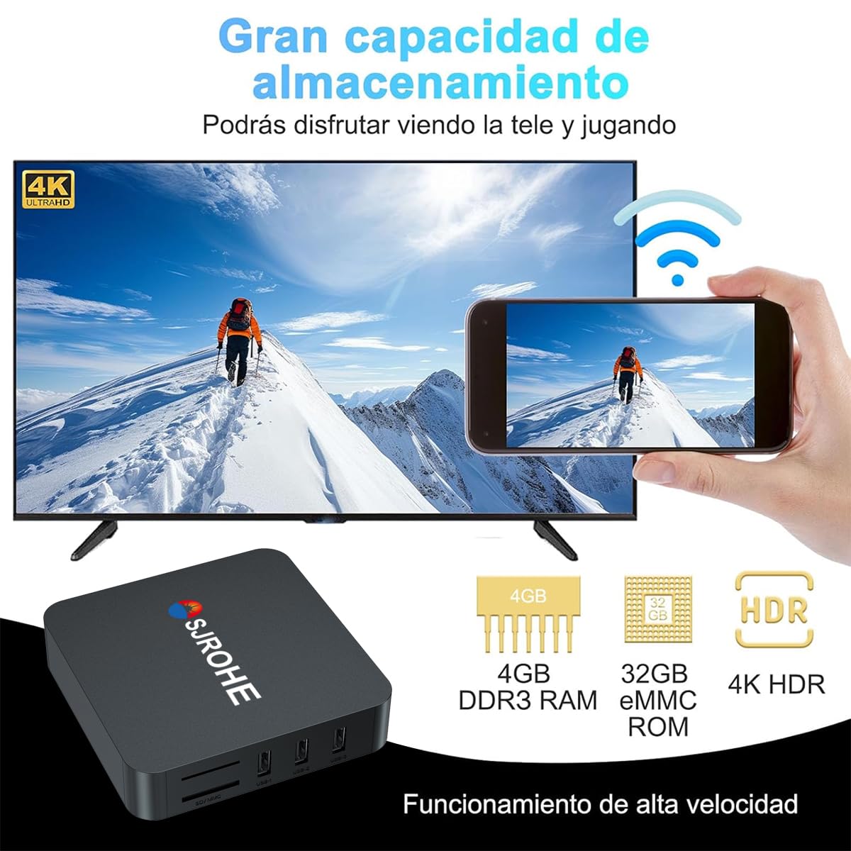BJLBOJEY TV Box,Android TV Box con 4GB RAM 32GB ROM, TV Box 4K con Android 13.0, 2.4/5G Doble WiFi,HDR10+,Control Remoto IR