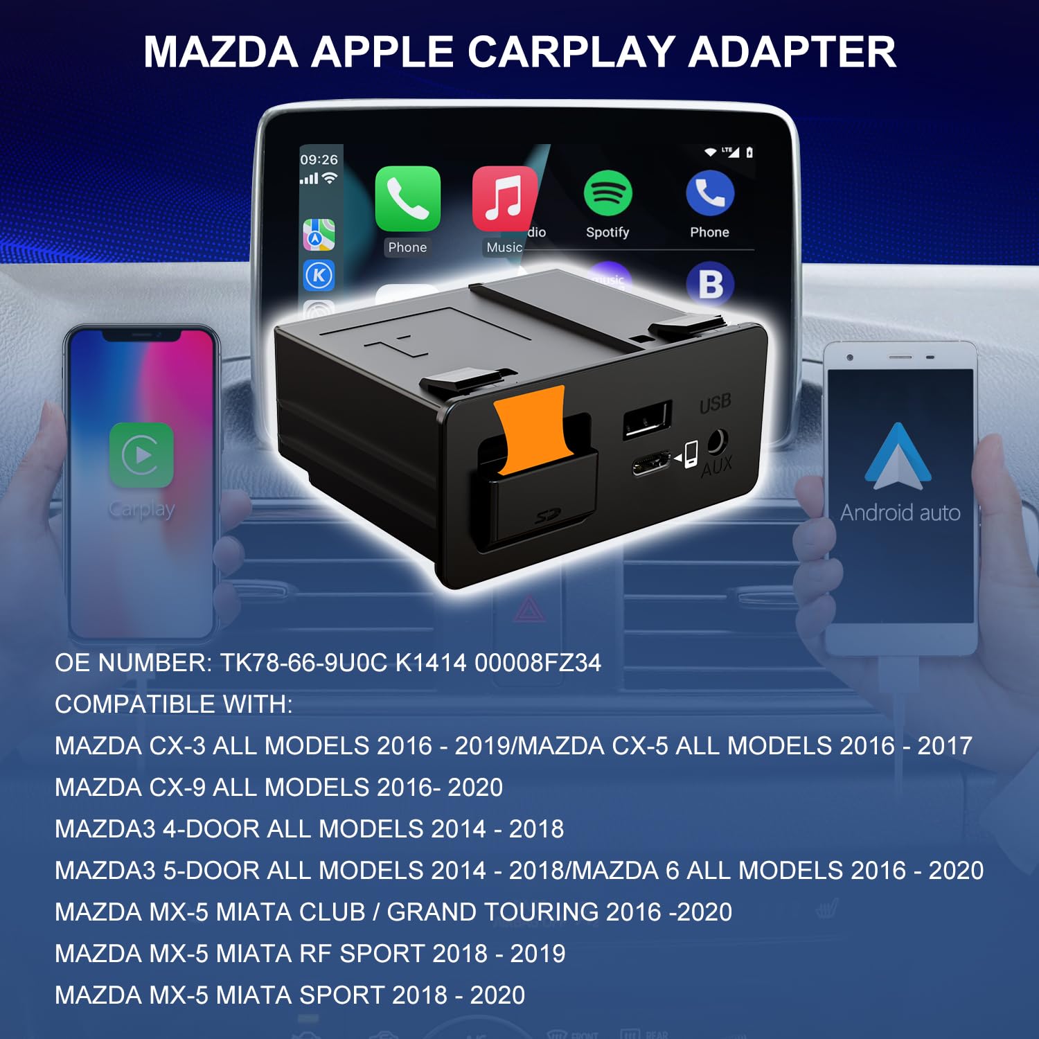 HMYC Mazda Carplay y Android Auto Retrofit Kit, TK78-66-9U0C OEM Media Hub se adapta al sistema MZD Connect, compatible con Mazda 2/3/6/CX3/CX5/CX9/MX5 2014-2019 años (interfaz de carga rápida tipo c)