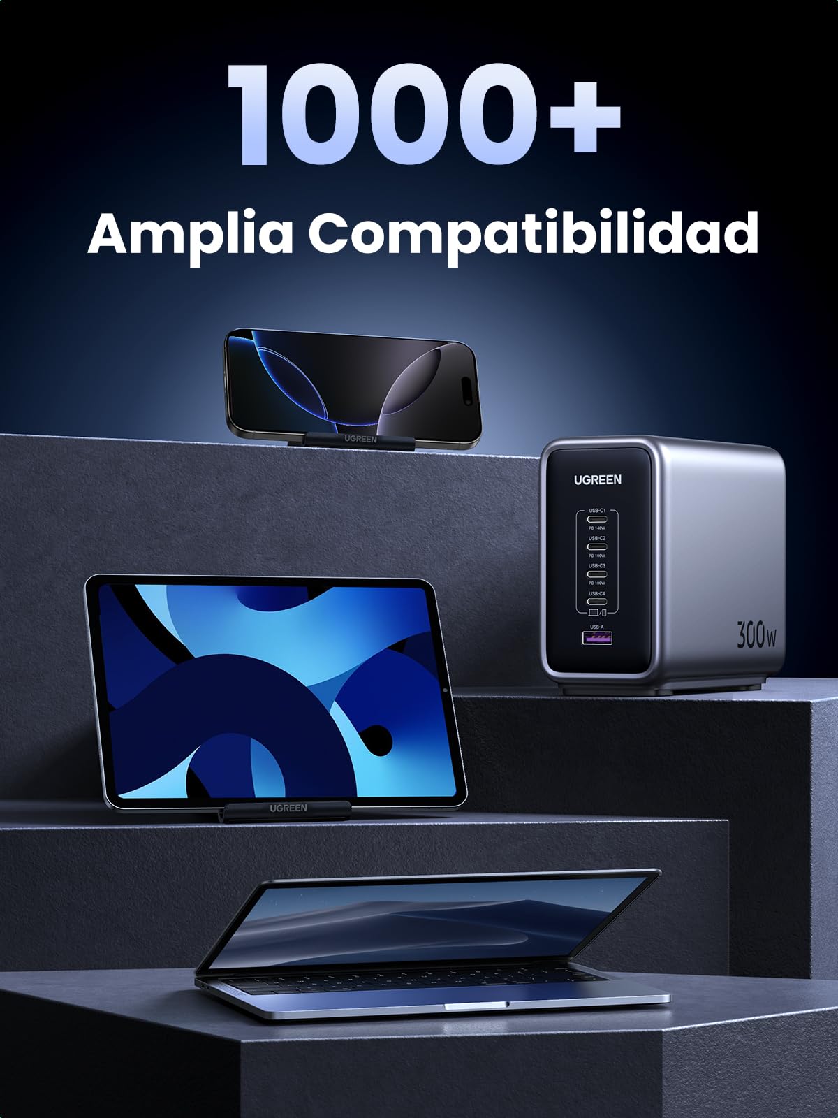 Cargador Tipo C UGREEN Nexode 300W GAN Negro con 5 Puertos Carga Rápida para MacBook, iPhone, Galaxy