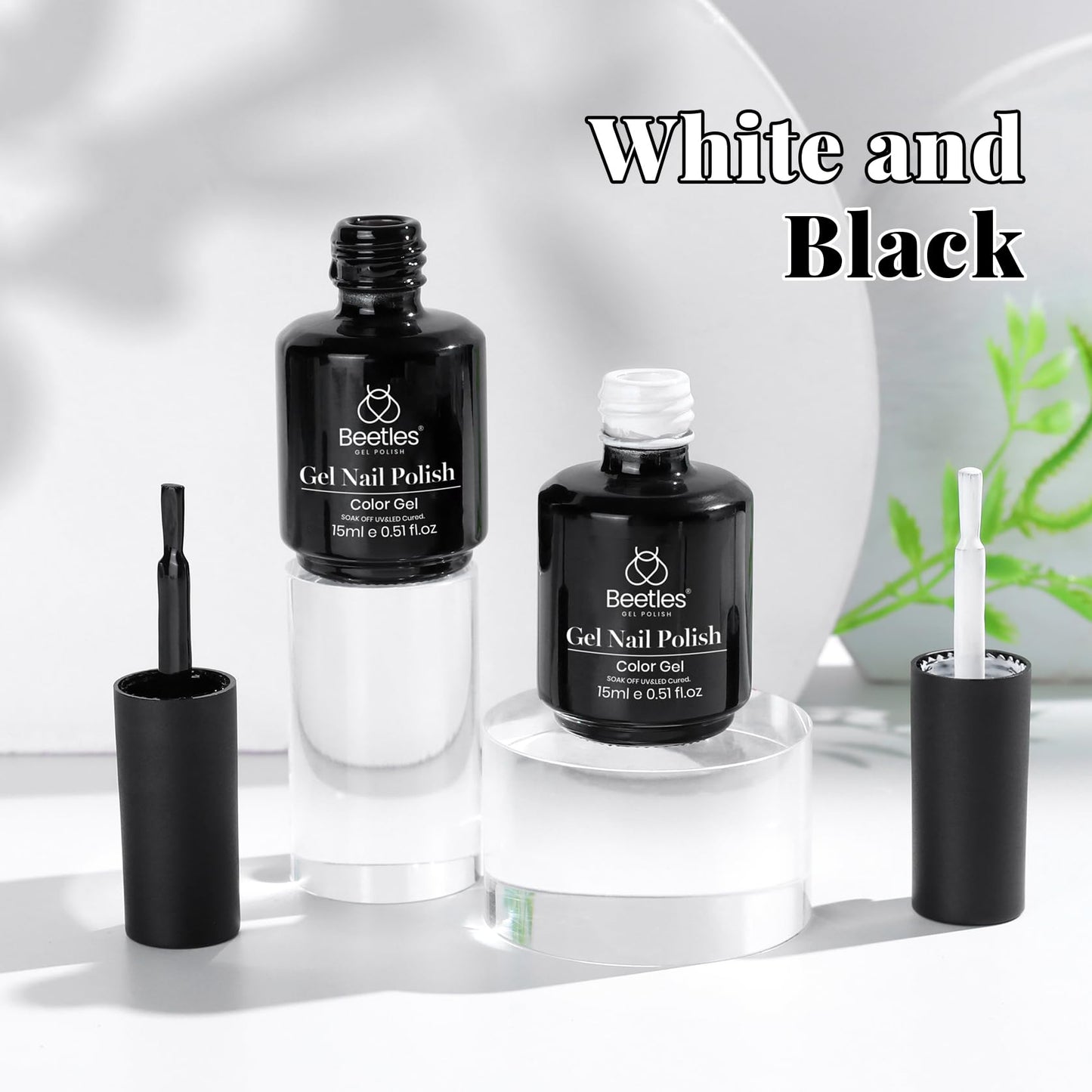 Kit de esmalte de uñas de gel Beetles, 2 piezas de 15 ml de esmalte de gel blanco y negro, esmalte de uñas de gel negro, esmalte de uñas negro, esmalte de gel LED, arte de uñas, salón de manicura, bricolaje en casa