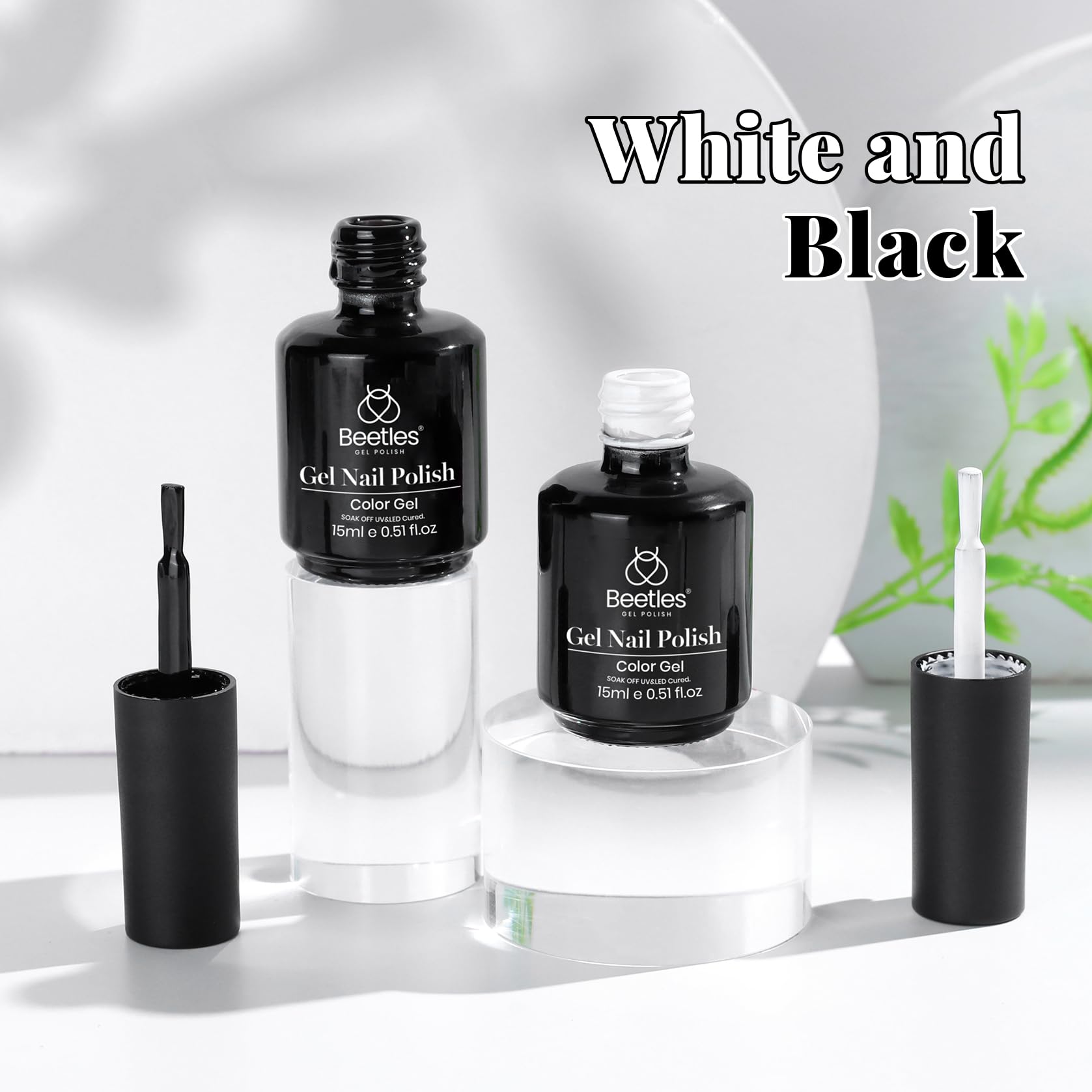 Kit de esmalte de uñas de gel Beetles, 2 piezas de 15 ml de esmalte de gel blanco y negro, esmalte de uñas de gel negro, esmalte de uñas negro, esmalte de gel LED, arte de uñas, salón de manicura, bricolaje en casa