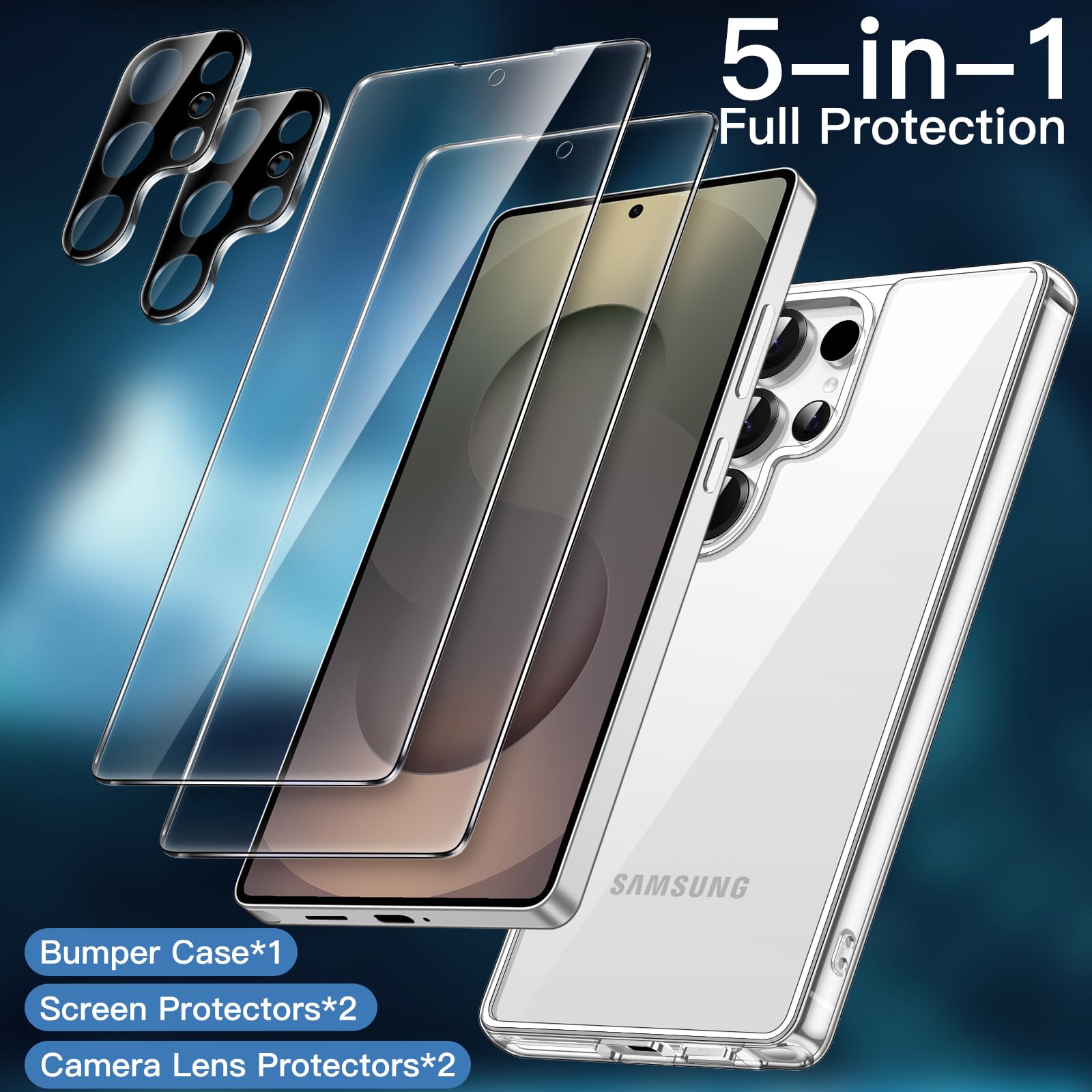 JETech 5 en 1 Funda para Samsung Galaxy S25 Ultra 5G con 2 Protector Pantalla Mica Cristal Vidrio Templado y 2 Protector Lente Cámara, Carcasa Anti-Amarillo Antigolpes (Transparente)