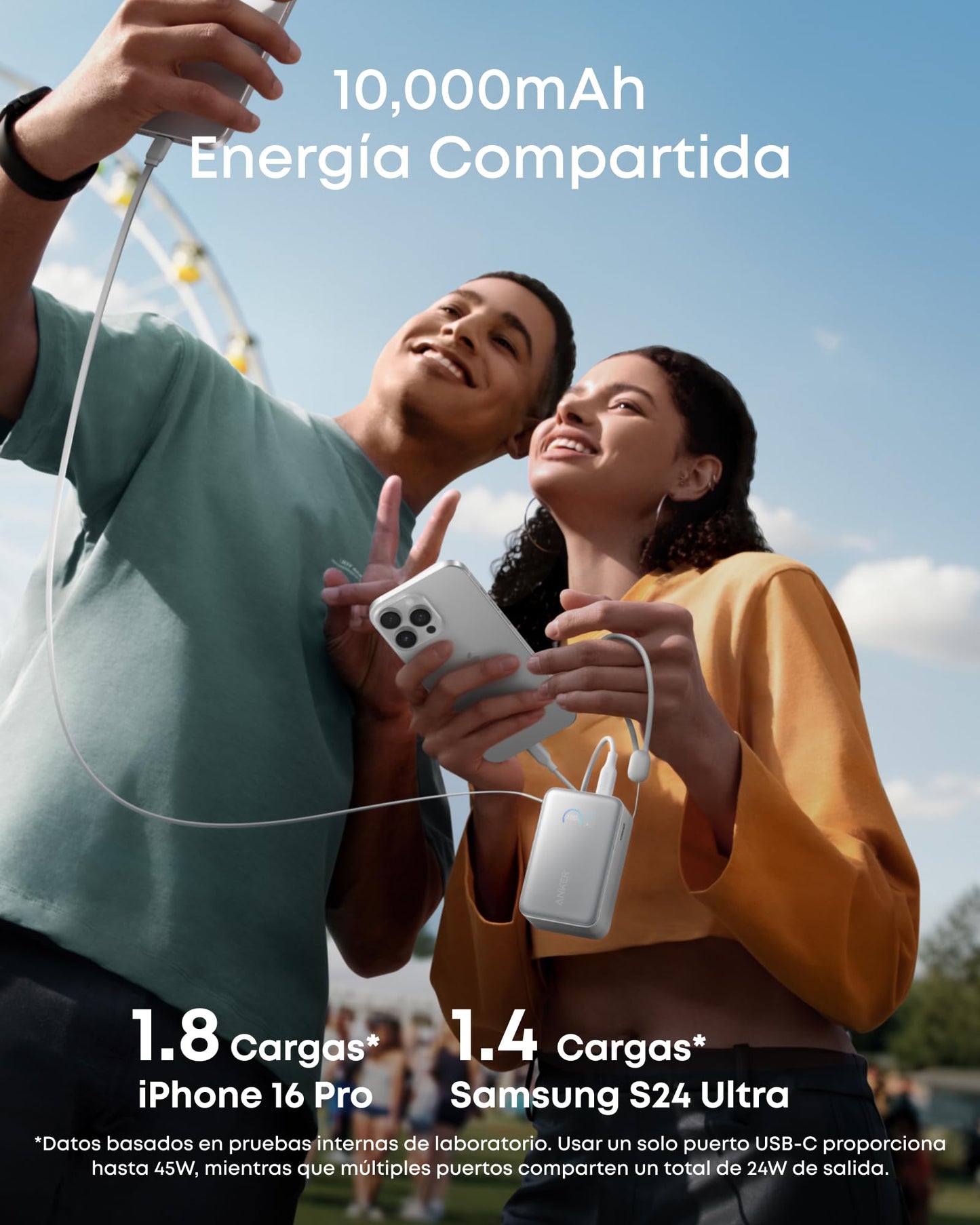 Cargador Portátil Anker Nano Negro con Cable Retráctil de 10.000mAh y Pantalla Inteligente Compatible con iPhone, iPad, Galaxy y Pixel