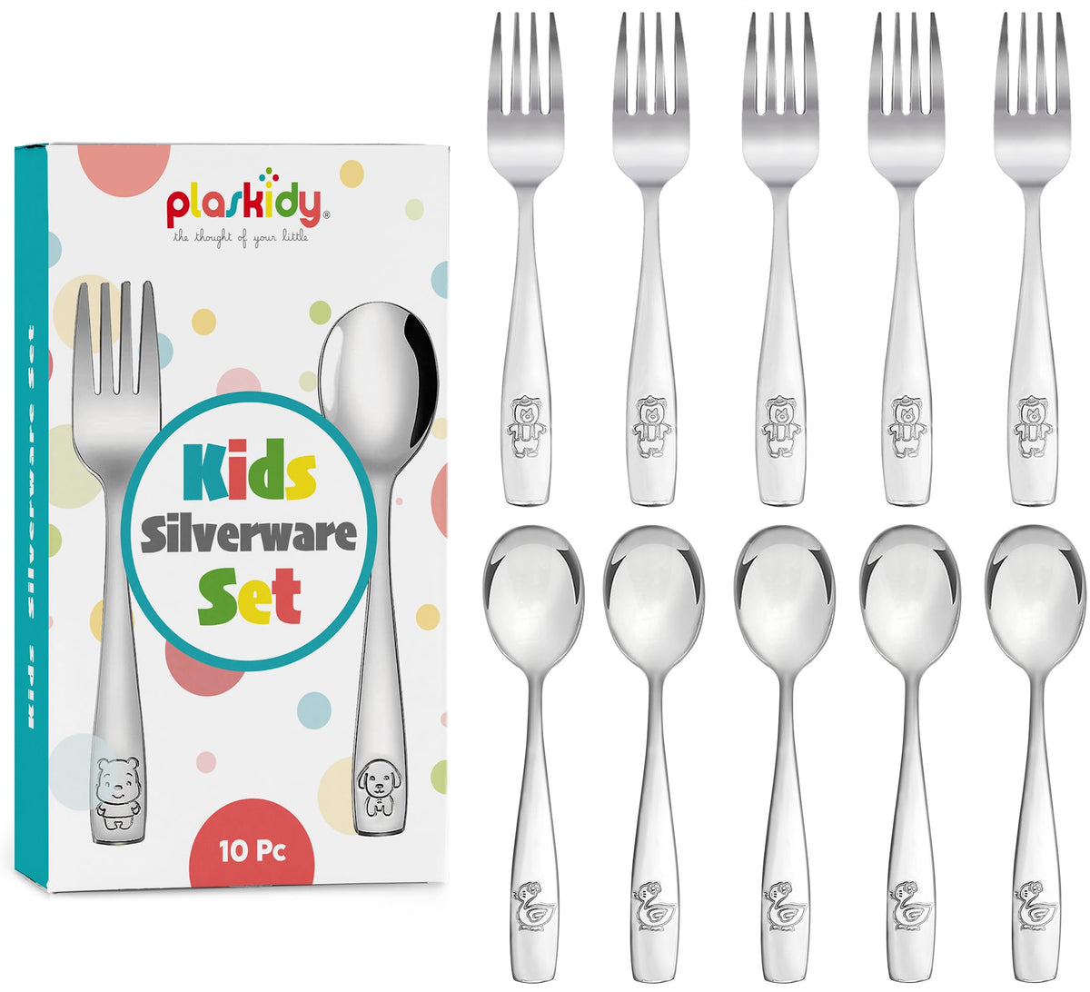 PLASKIDY - Juego de 10 cubiertos de acero inoxidable para niños, incluye 5 tenedores y 5 cucharas, apto para lavaplatos