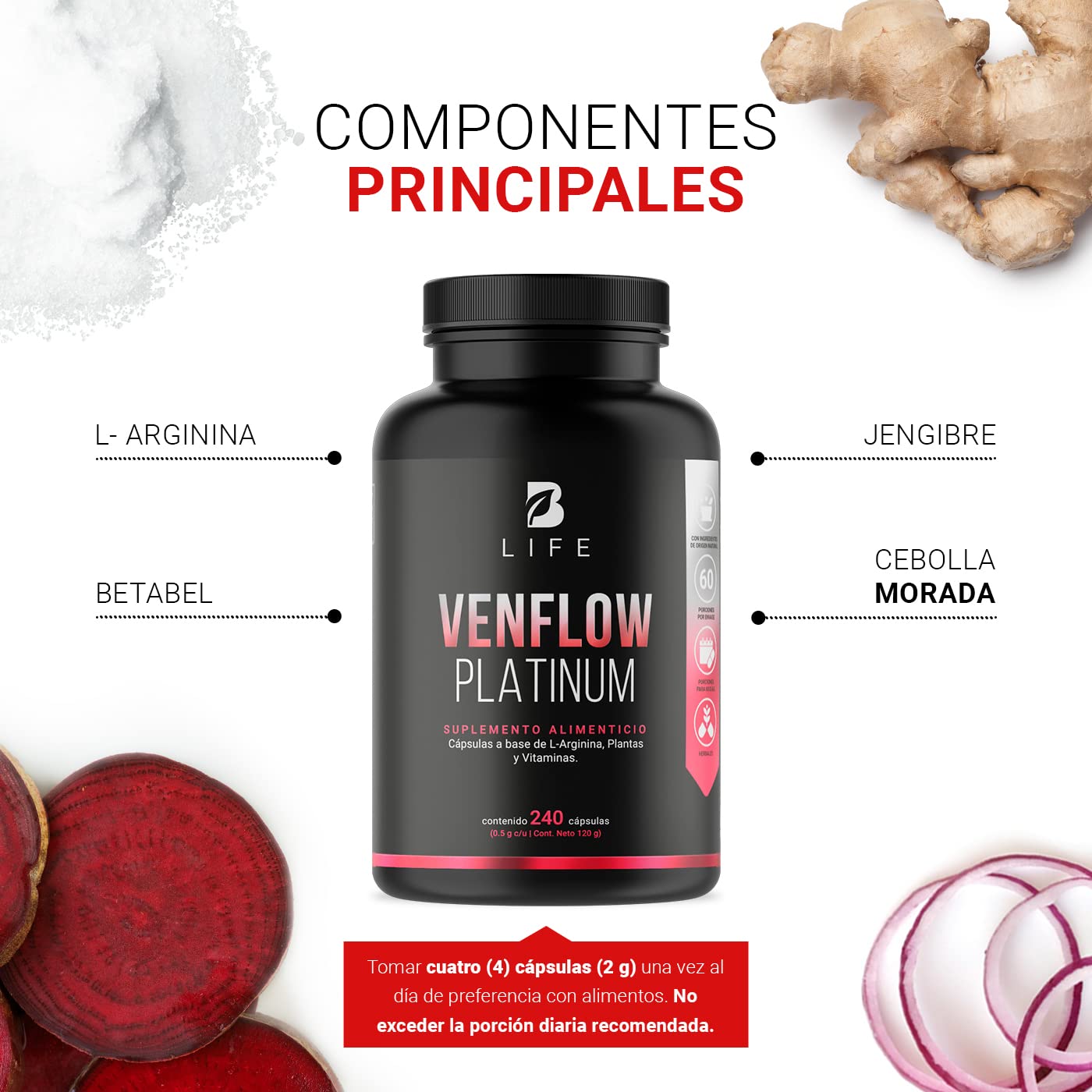L-Arginina, Resveratrol, Ajo negro, Jengibre y Vitaminas. 240 cápsulas. Ingredientes naturales. Venflow Platinum B Life.