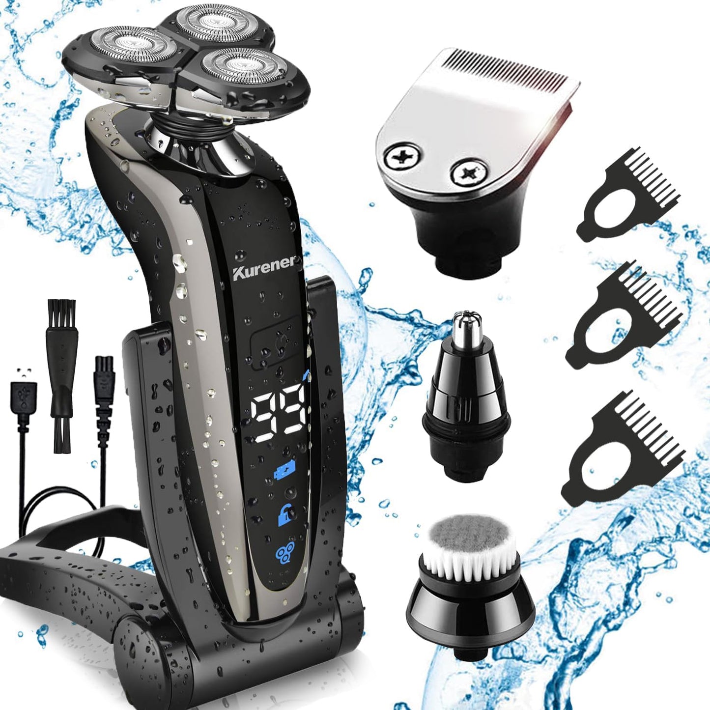 Kurener Electric Shaver Razor Beard Trimmer Rotary Shaver Rotation razor Full body water wash razor Wet/Dry Rechargeable Waterproof