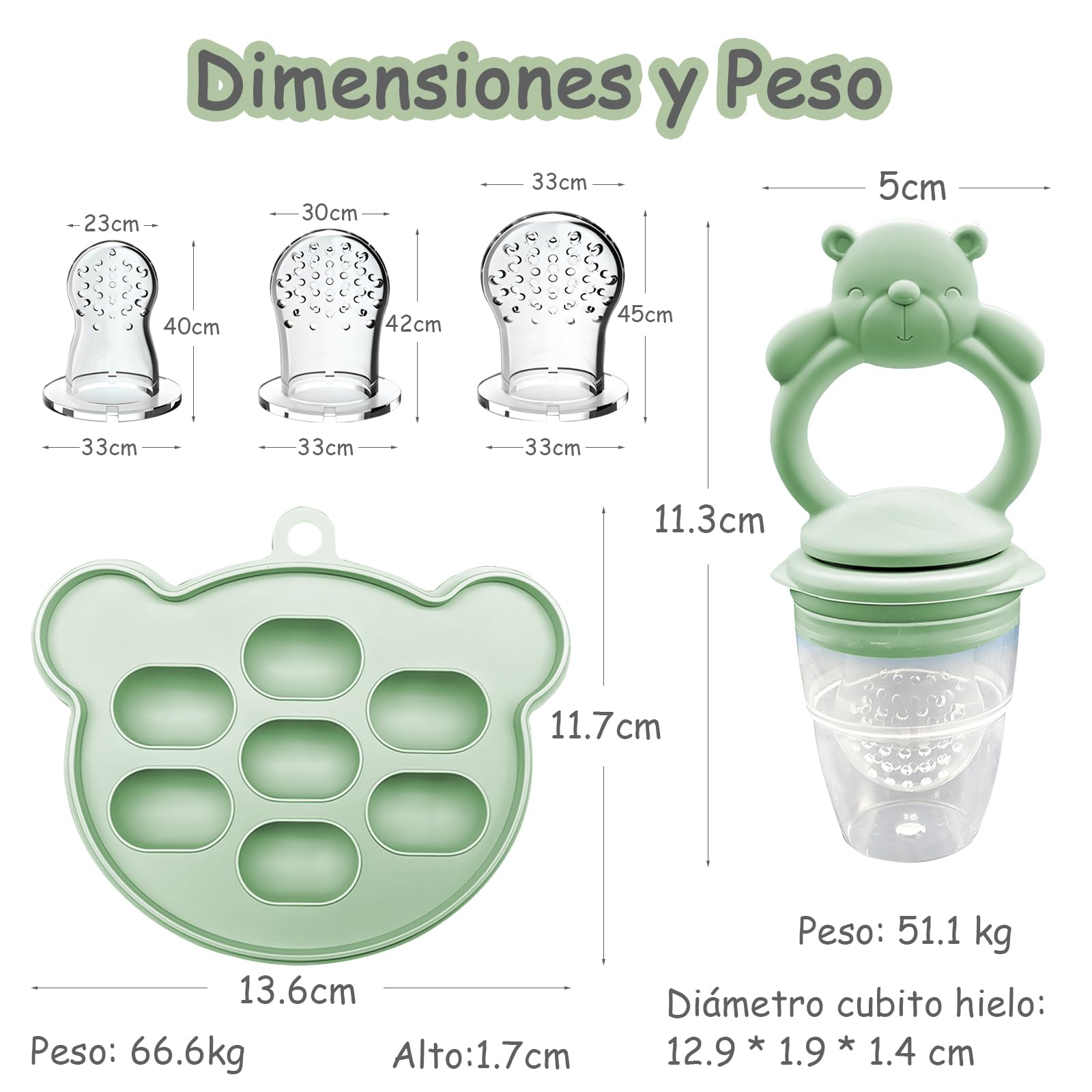 EHRHDKNS Bandeja Congeladora de Alimentos para Bebés Sin BPA, Adecuado para la Introducción Segura de Alimentos, Fruta y Papillas a Partir de los 4 Meses, Fortalece los Dientes del Bebé y le Ayuda a Comer Sano (Verde, Oso)