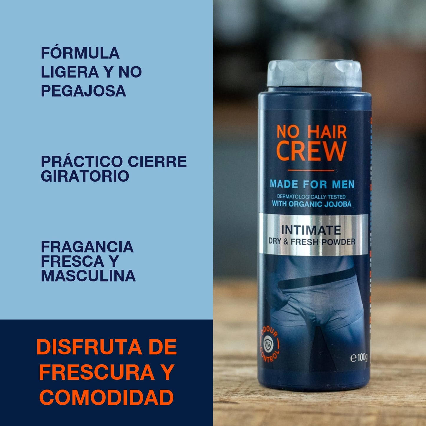 NO HAIR CREW | Polvo Íntimo Premium DRY & FRESH | Bote de 100 g - Hecho Para Hombres - Evita la irritación - Controla el mal olor