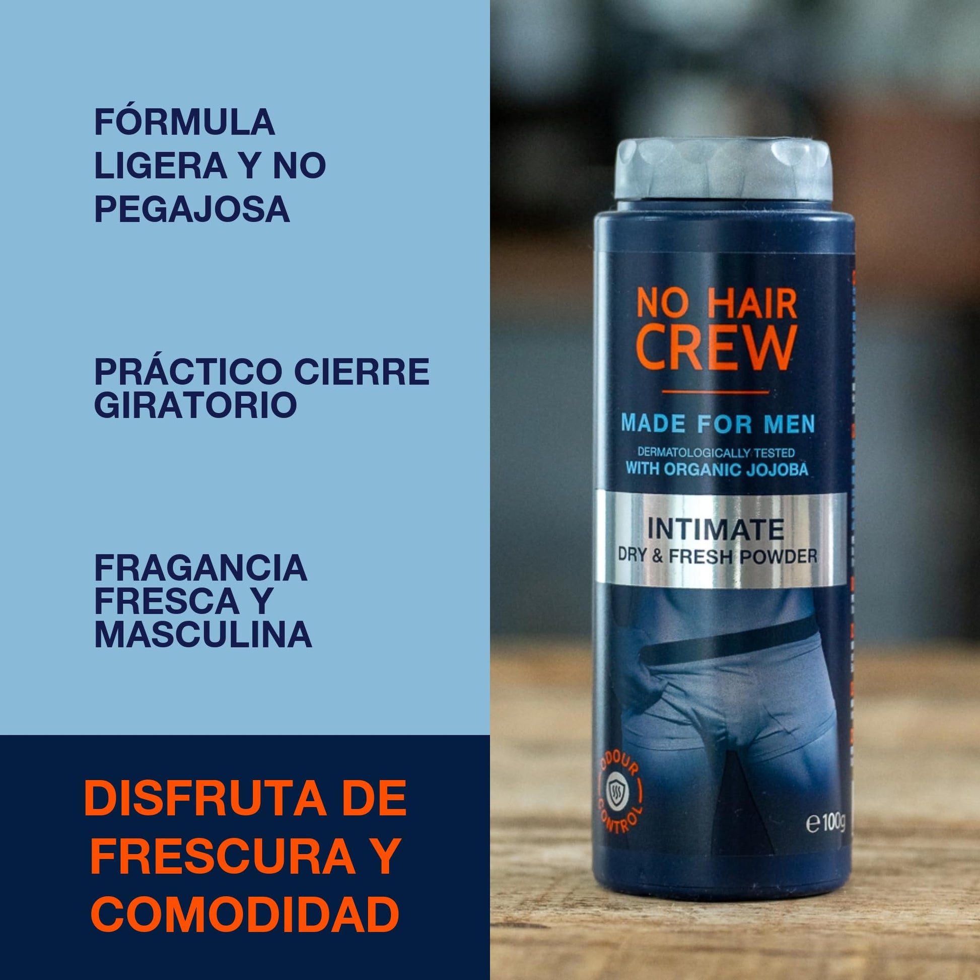 NO HAIR CREW | Polvo Íntimo Premium DRY & FRESH | Bote de 100 g - Hecho Para Hombres - Evita la irritación - Controla el mal olor