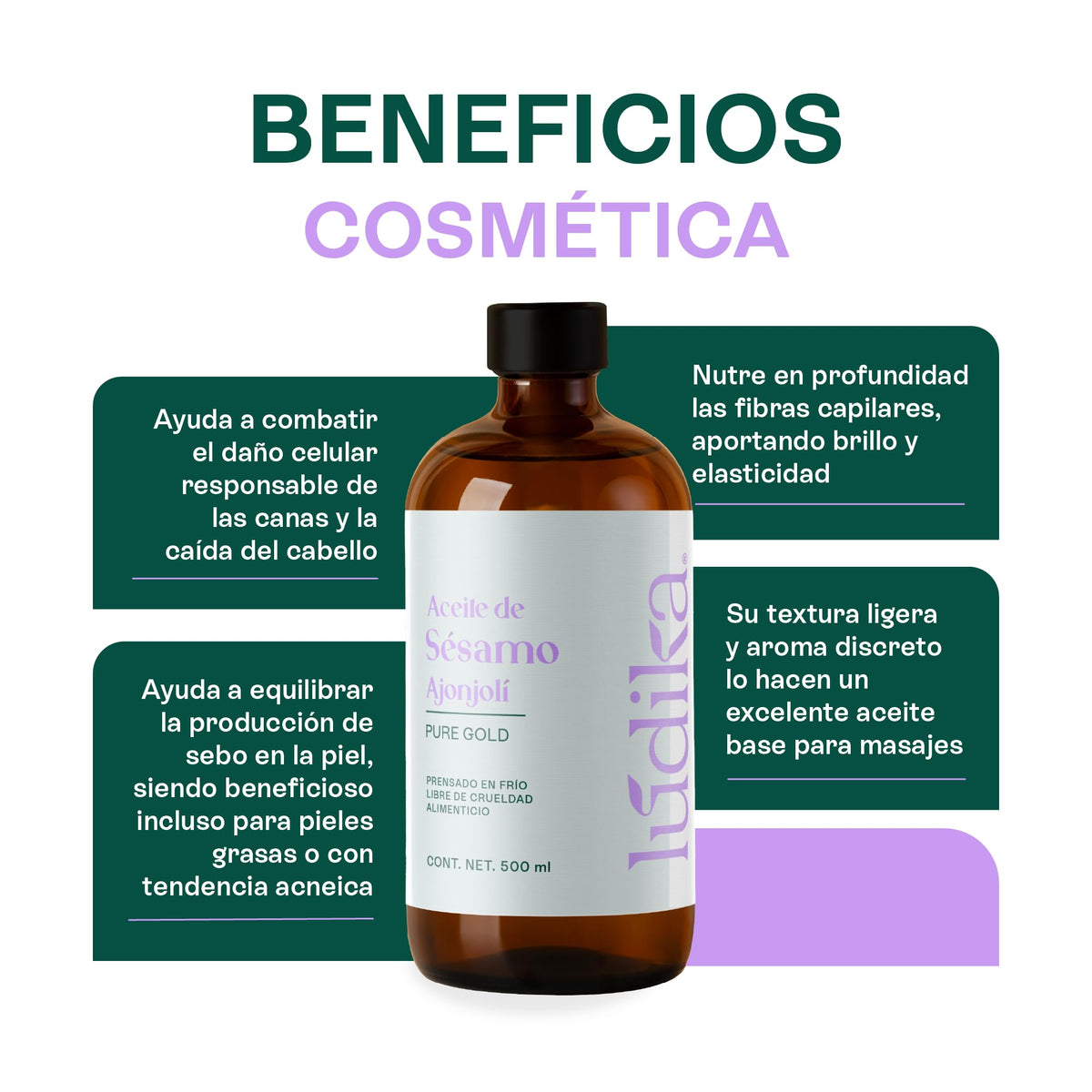 HEBBE Aceite De Ajonjolí 500 ml | Prensado En Frío 100% Puro | Hidratante Antioxidante | Elasticidad Piel | Cuidado Cabello