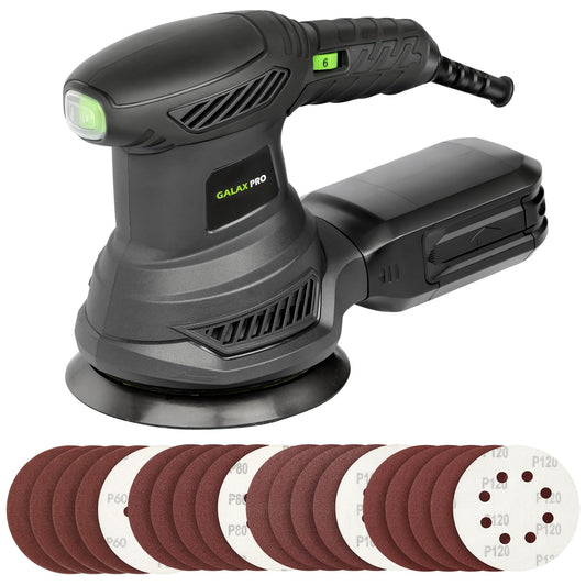 GALAX PRO - Lijadora orbital rotativa de 2.5 A, lijadora orbital eléctrica de 300 W con 6 velocidades diferentes de 6000 a 13000 RPM, 4.9 pulgadas con 20 papeles de lija, 1 bote de polvo, apto para