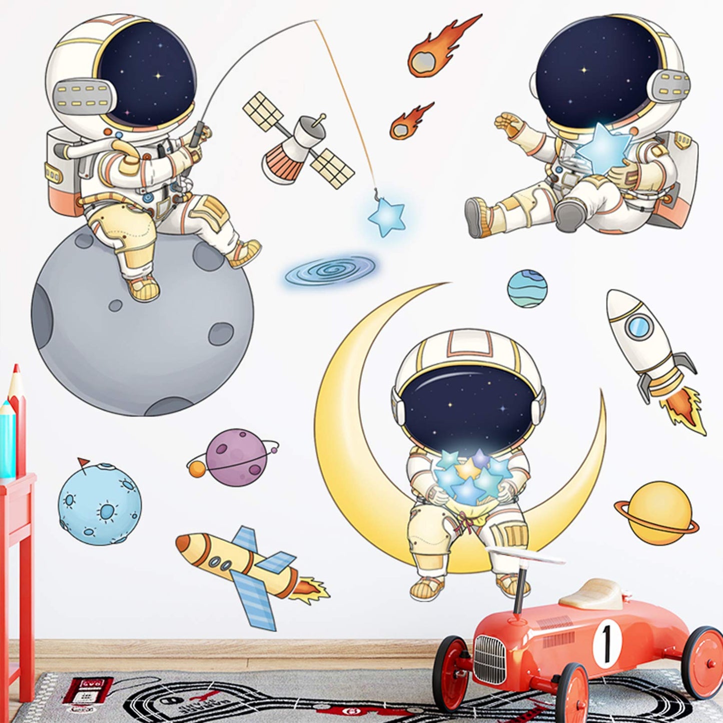 DILIBRA - Calcomanías de pared para recámara de niños, diseño de astronauta, planeta exterior, creativo para bricolaje, vinilo extraíble, estrella espacial UFO Glaxy para habitación de niños,