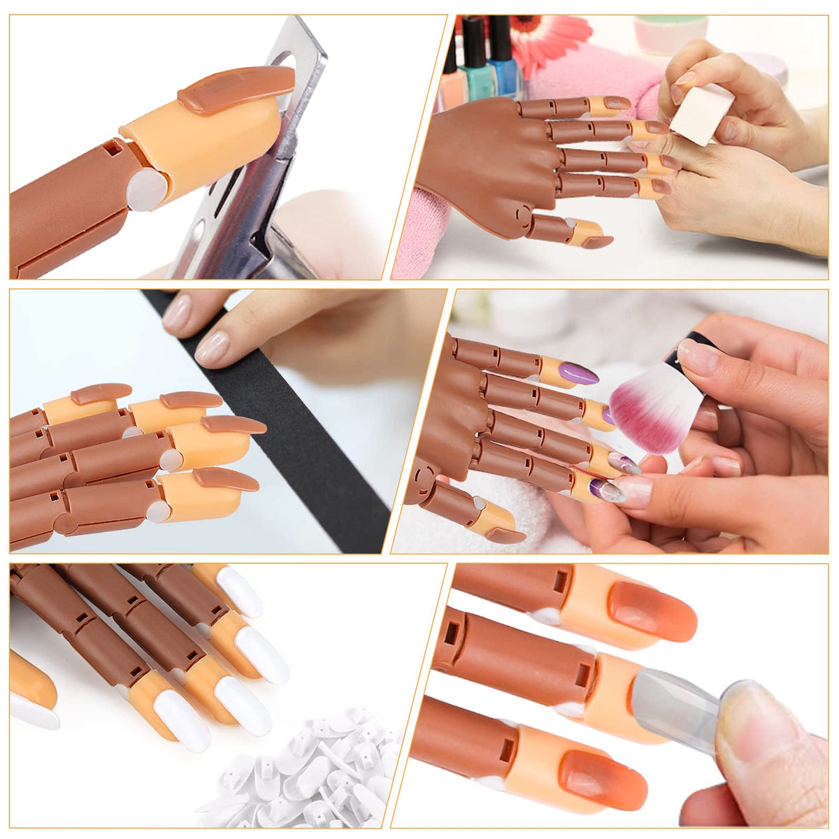 Manos de Práctica LIONVISON Flexibles y Móviles para Uñas Acrílicas con Limas, Pincel, Cortadora y 300 Puntas de Uñas