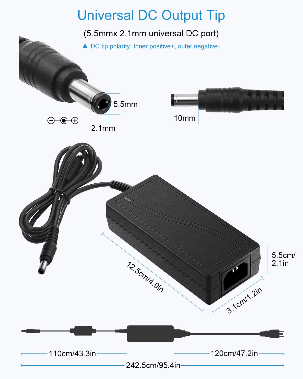 ALITOVE Adaptador de CA a CC 24V 3A Fuente de Alimentación Convertidor de 100V ~ 240V a CC 24V 72W Transformador con Conector de Salida CC de 5,5x2,1 mm para Luz de Tira LED 5050 3528, CCTV