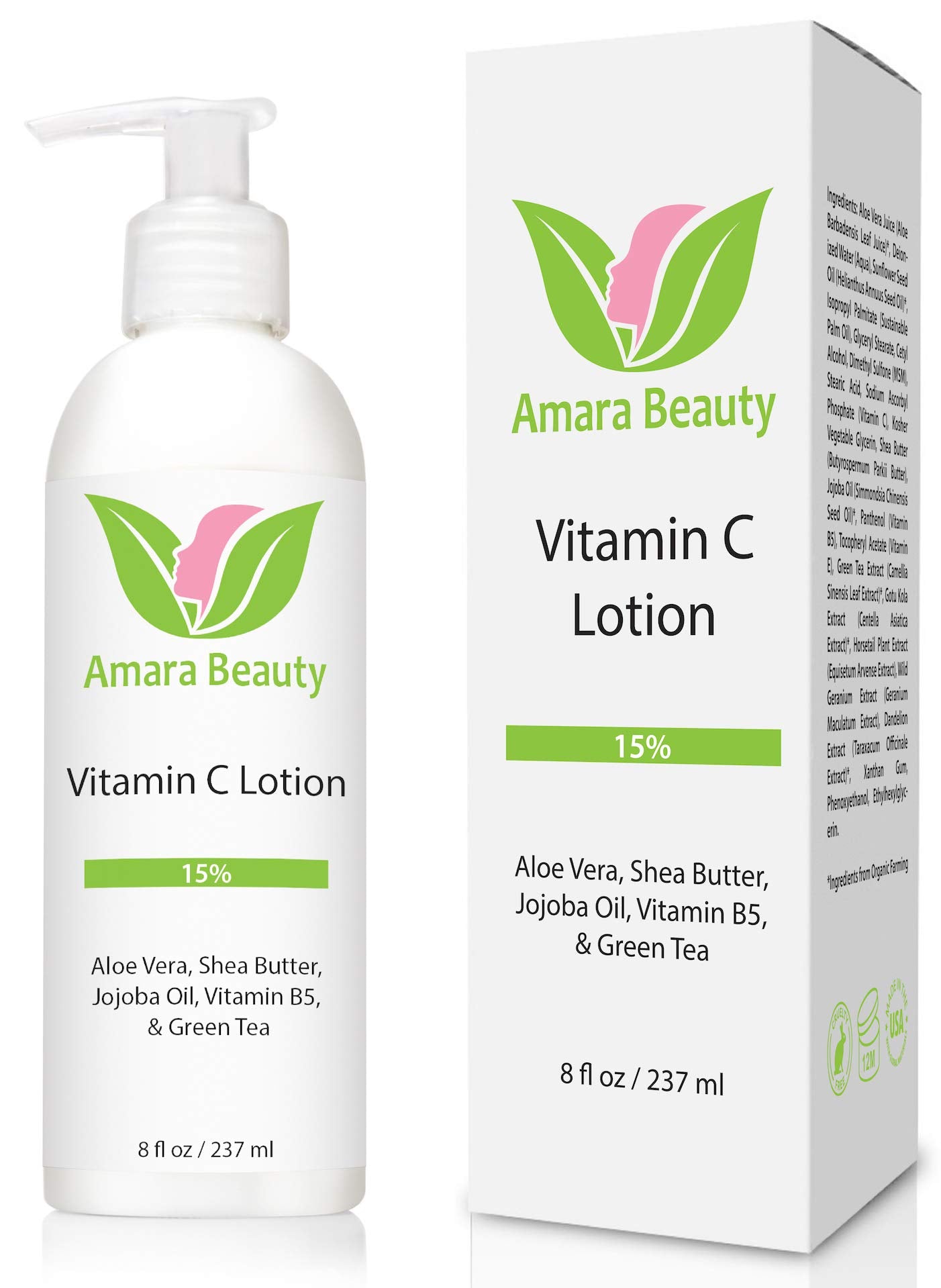 Vitamin C Lotion 15% for Face & Body - With Shea Butter & Jojoba Oil - 237 ml by Amara Organics
