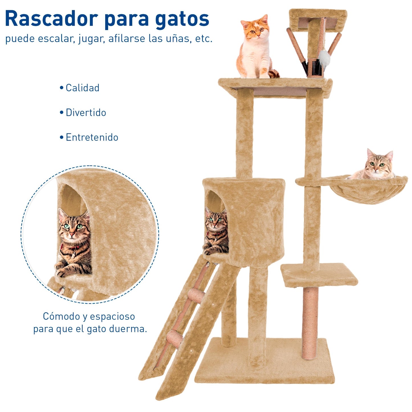 Bluelander Torre para Gatos de 1.3 M de Altura, Arbol para Gatos de Múltiples Niveles, Rascador para Gatos, Escaleras, Repisas, Cueva y Hamaca, Superficies Sólidas y Afelpadas, Cuerda de Yute (Café)