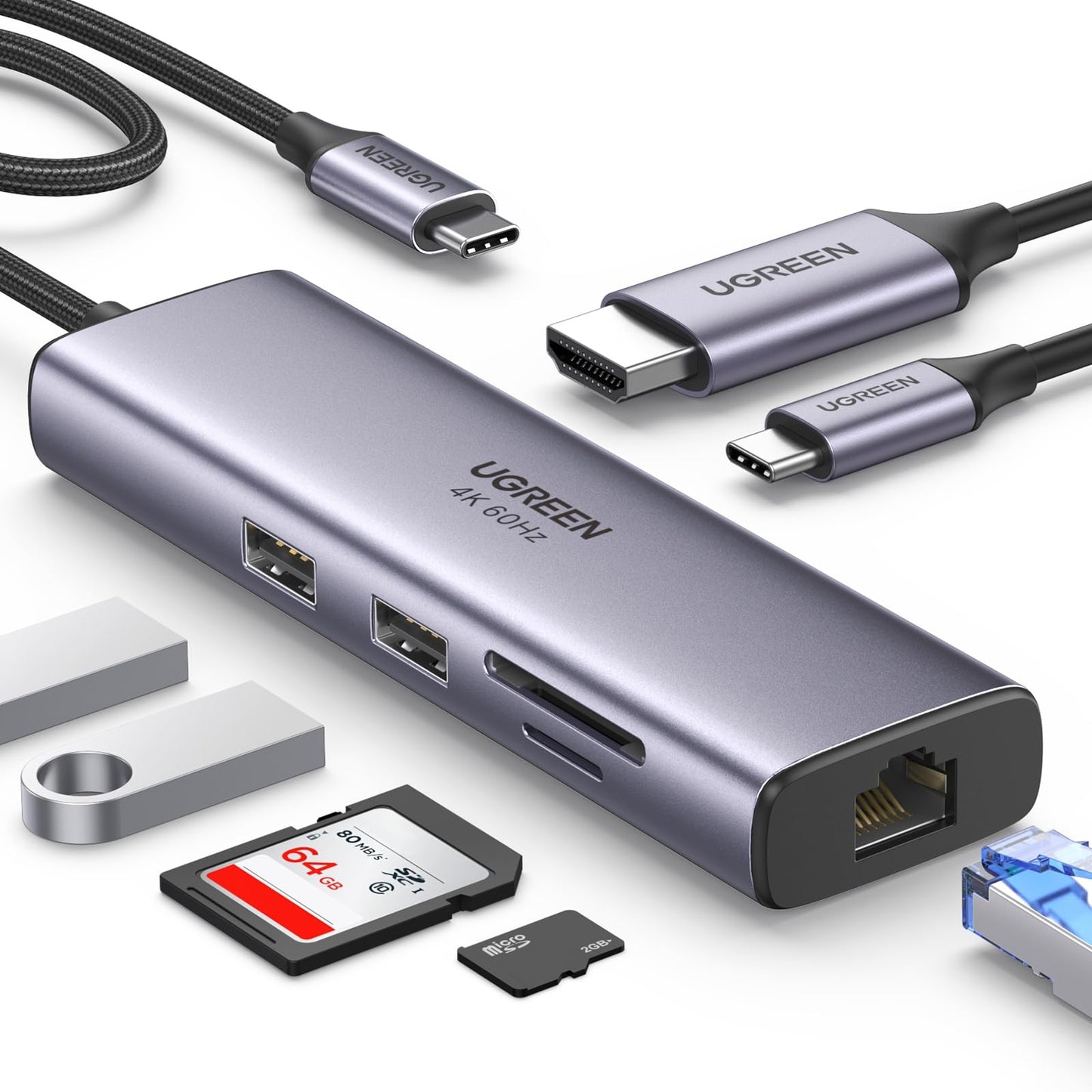 Hub USB C UGREEN Plata 7 en 1 Adaptador a HDMI 4K 60Hz Gigabit Ethernet Carga 100W Lector de Tarjetas SD TF 2 USB 3.0 Compatible con MacBook Pro iPad DELL Switch Steam Deck
