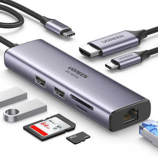 Hub USB C UGREEN Plata 7 en 1 Adaptador a HDMI 4K 60Hz Gigabit Ethernet Carga 100W Lector de Tarjetas SD TF 2 USB 3.0 Compatible con MacBook Pro iPad DELL Switch Steam Deck