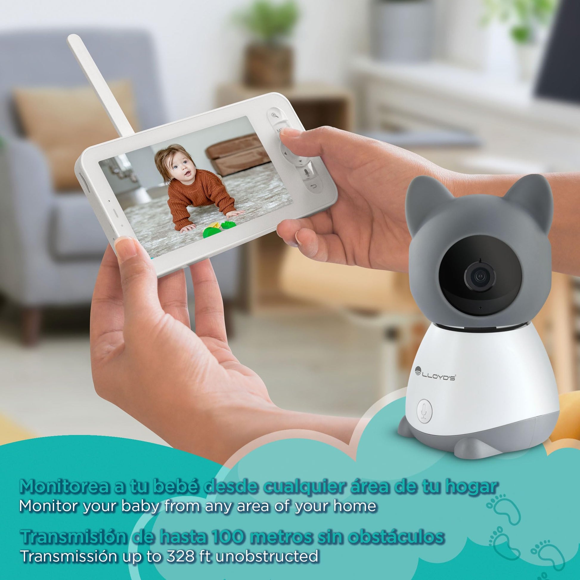 Lloyd's Cámara con Monitor para bebés. Monitoreo y Control Desde su Smartphone. Alertas por detección de Movimiento, de Sonido o por llanto de bebé. 3 melodías de Cuna