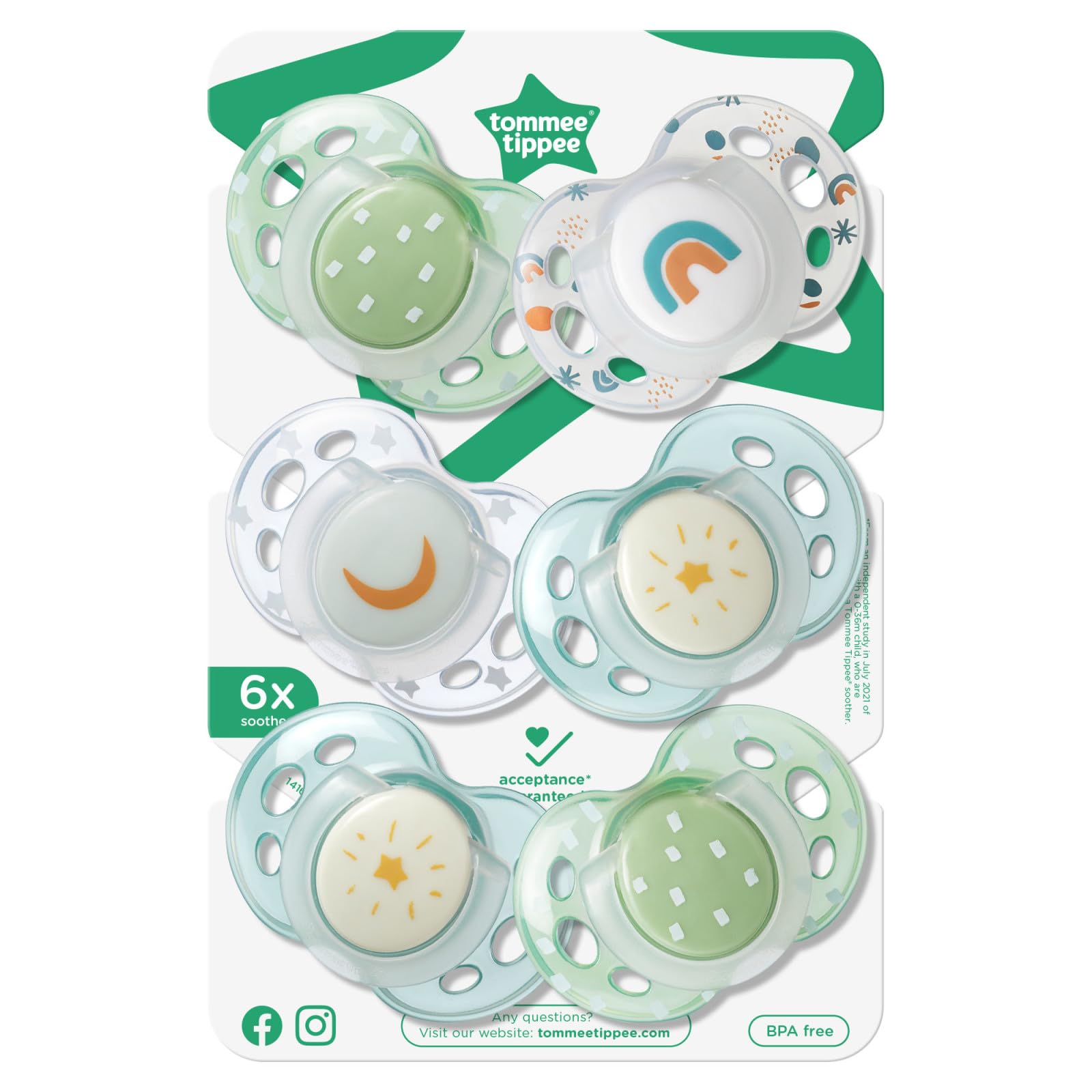 Chupones nocturnos Tommee Tippee que brillan en la oscuridad, diseño simétrico, silicona sin BPA, 18-36 meses, 6 unidades