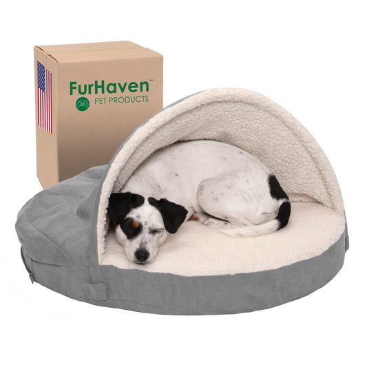 Furhaven Cama para Mascotas para Perros y Gatos, Manta de Sherpa y Gamuza, Cama ortopédica Redonda para Perros, Funda extraíble Lavable a máquina, Gris, 26 Pulgadas